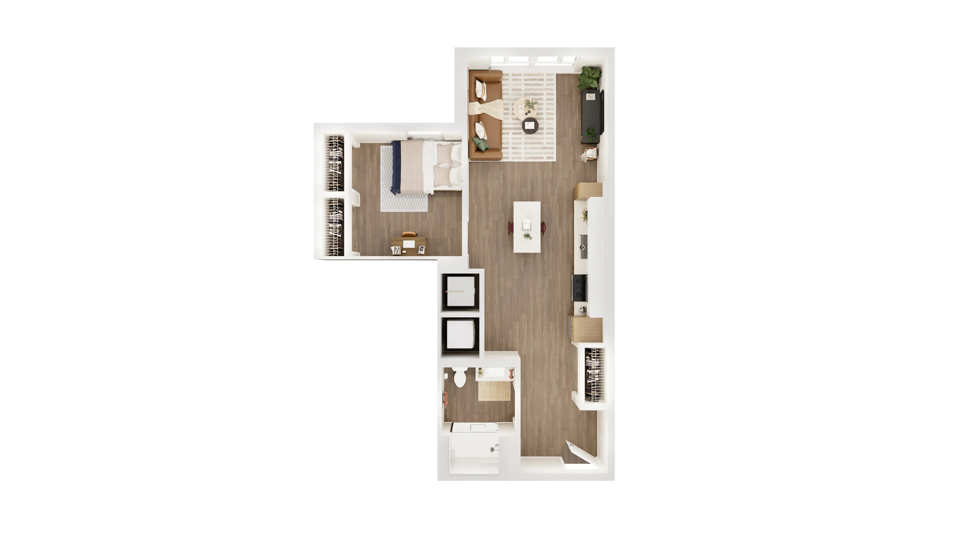 Modern floor plan displaying a spacious layout with a cozy bedroom, stylish open-plan living room, and sleek kitchen design.