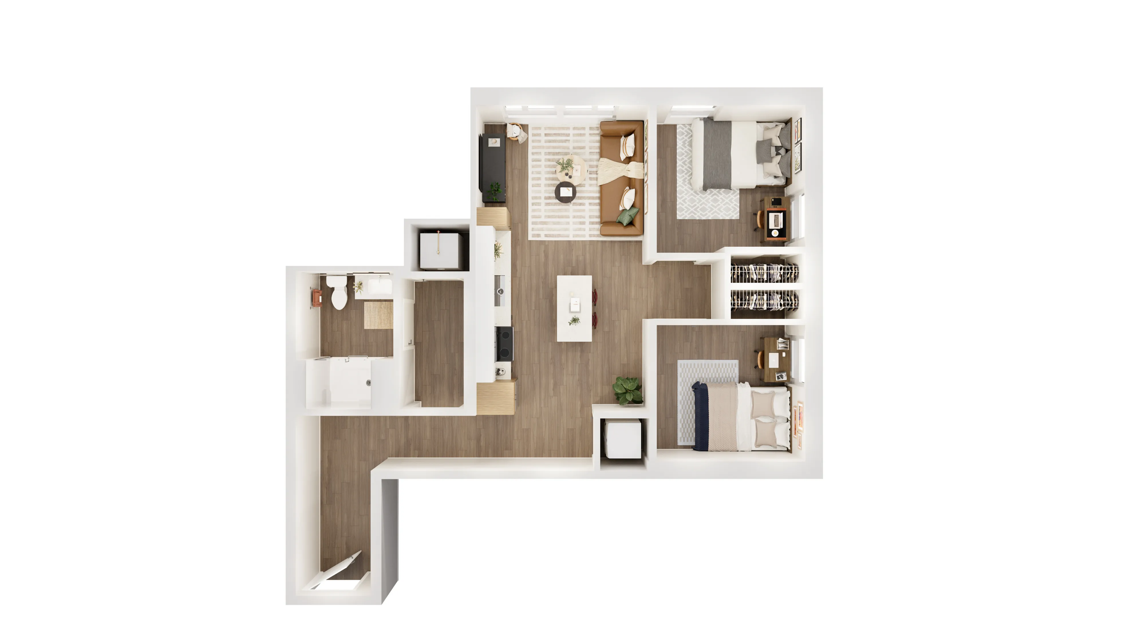 Modern apartment floor plan with two cozy bedrooms, a stylish open living space, and a sleek kitchen layout. Perfect for comfortable urban living.