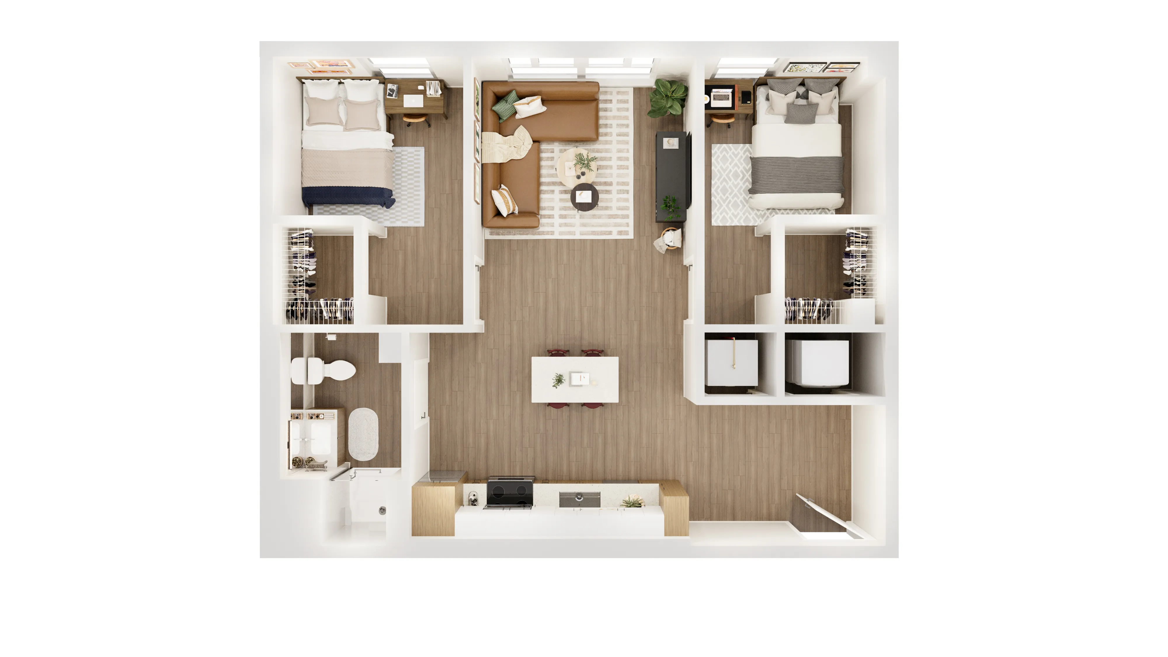 Modern floor plan displaying two cozy bedrooms, a welcoming living room, open kitchen, and a contemporary bathroom.