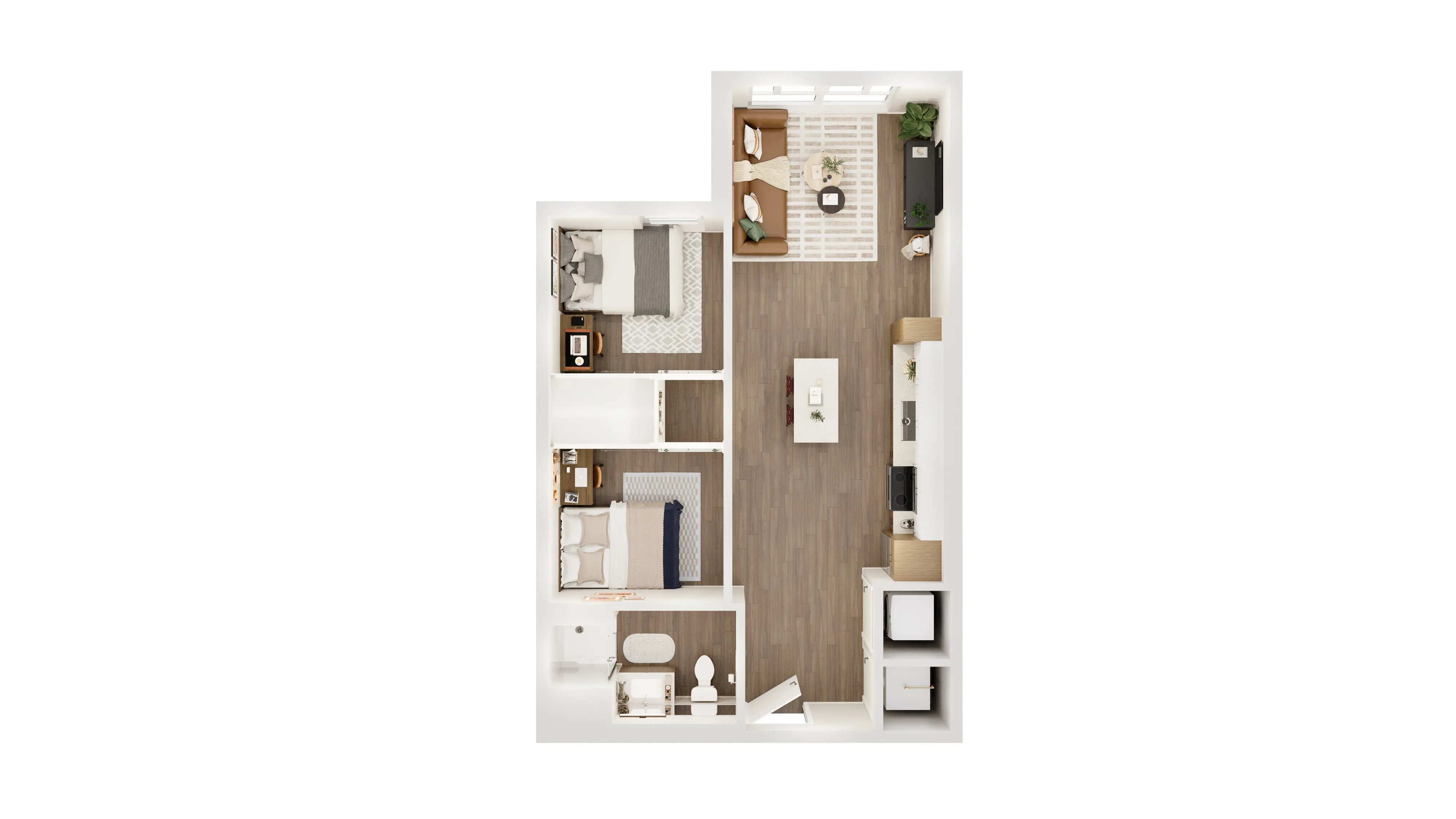 Contemporary 2D floor plan showcasing a stylish layout with two cozy bedrooms, an open kitchen with a central island, and a welcoming living area.