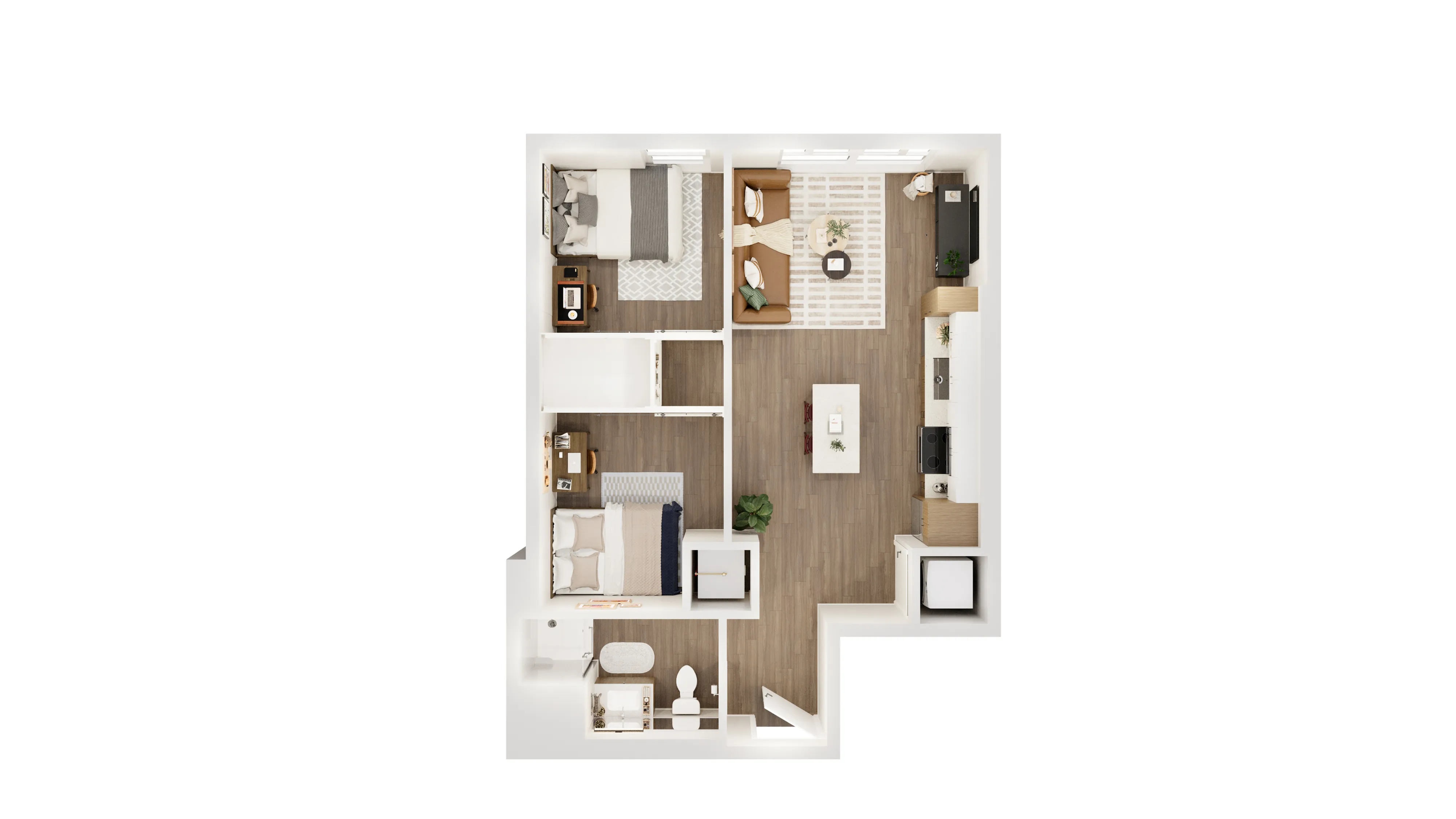 Elegant 2D floor plan showcasing two cozy bedrooms, a stylish open-concept kitchen, and a modern living room with hardwood floors.