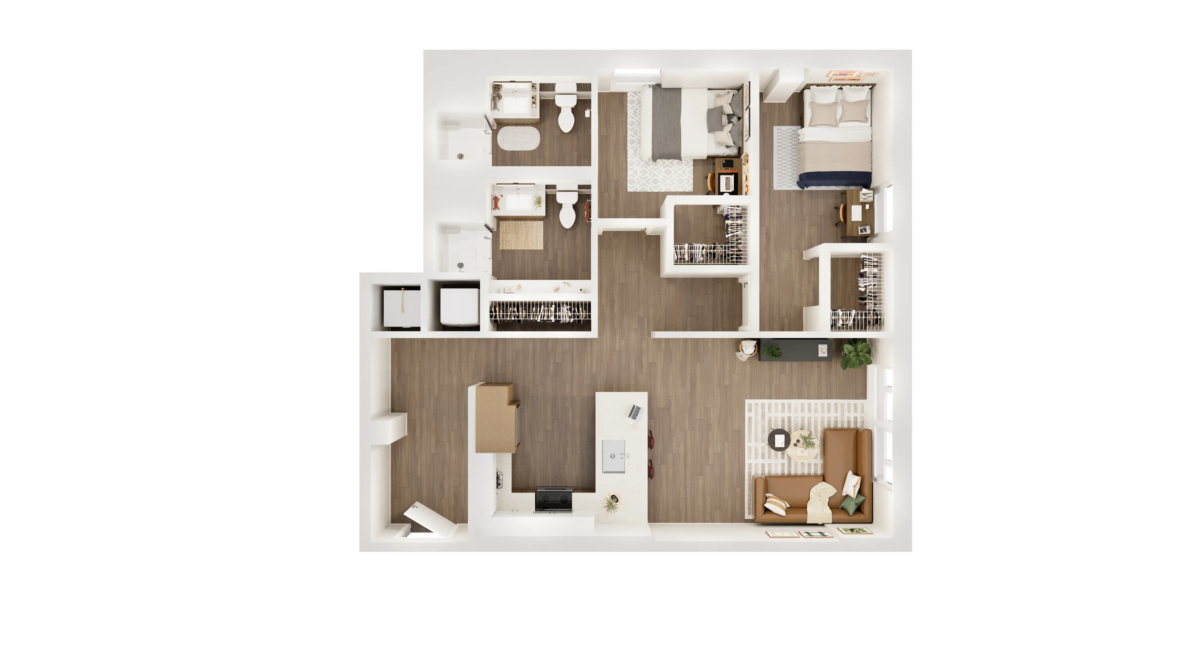 Modern floor plan featuring 2 bedrooms, 2 bathrooms, a sleek kitchen, and an inviting living area with contemporary decor.