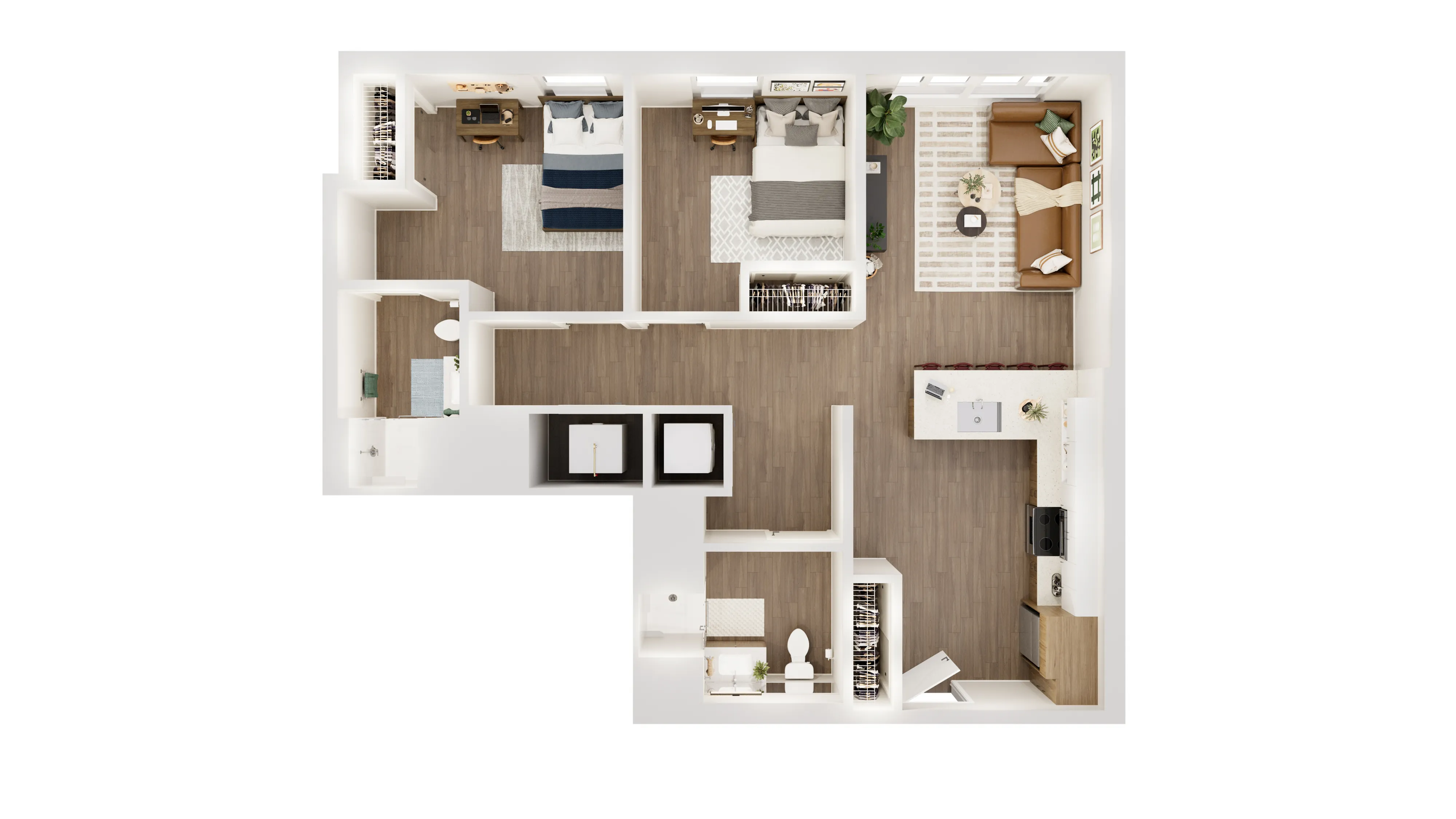 Modern 3D floor plan showcasing 2 cozy bedrooms, a spacious open-plan living area, and a sleek kitchen with an island, perfect for contemporary living.