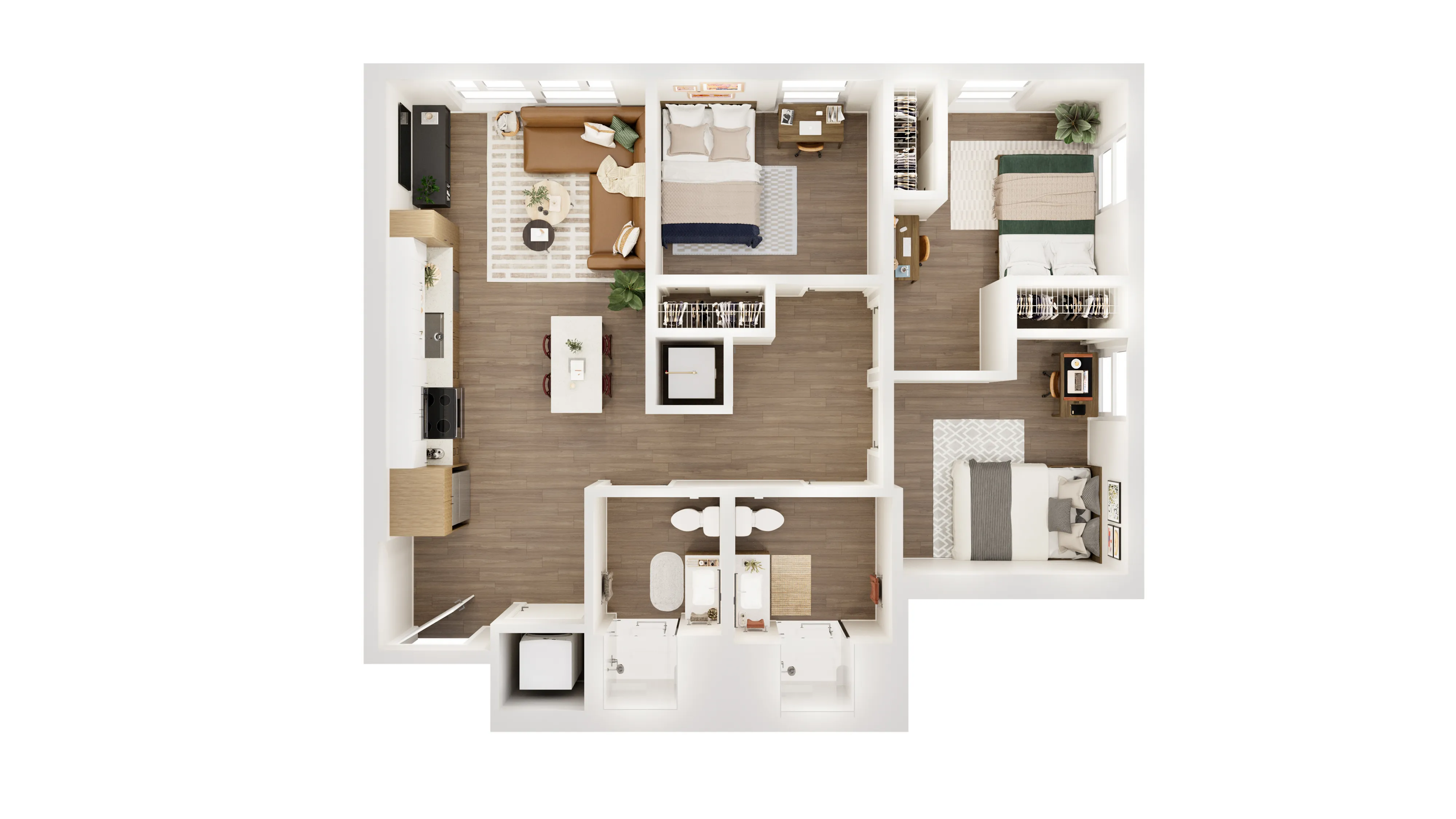 Spacious floor plan showcasing 3 bedrooms, modern kitchen, and cozy living room with elegant wood flooring.