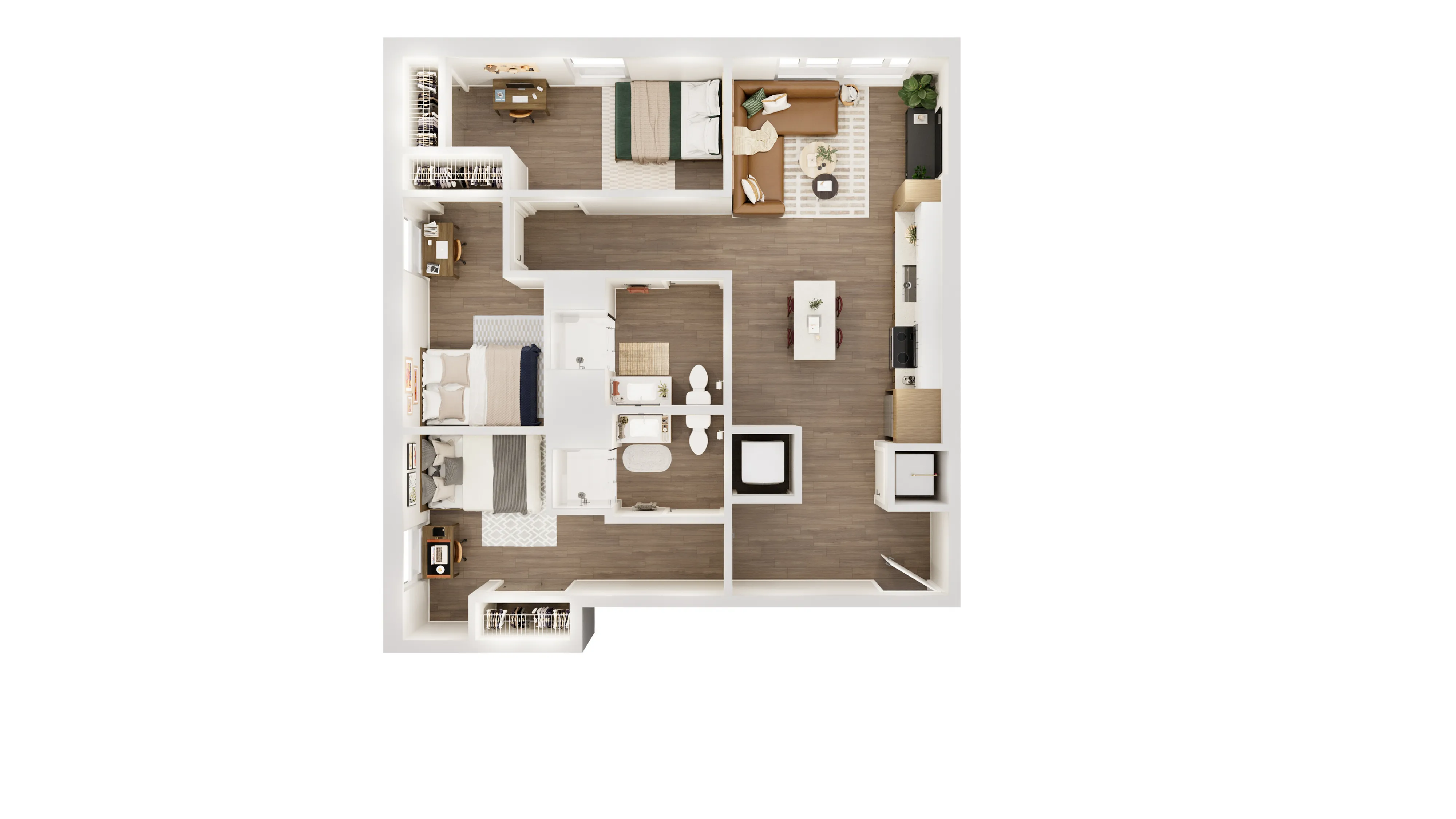 Contemporary floor plan showcasing 2 cozy bedrooms, a spacious open kitchen, elegant living area, and a functional dining space.