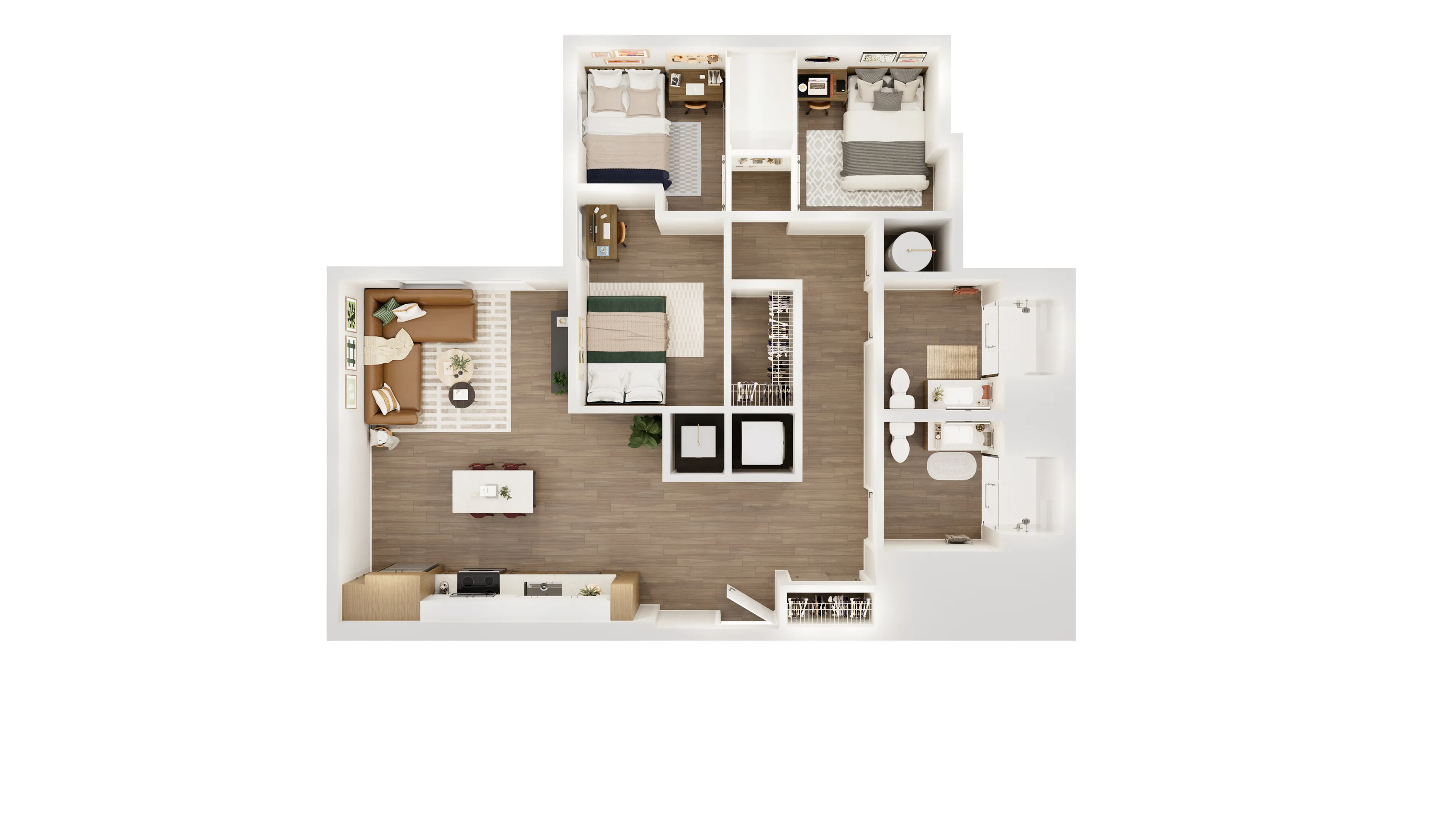 Inviting floor plan with 2 cozy bedrooms, spacious open-concept living and dining area, modern kitchen, and stylish bathrooms.