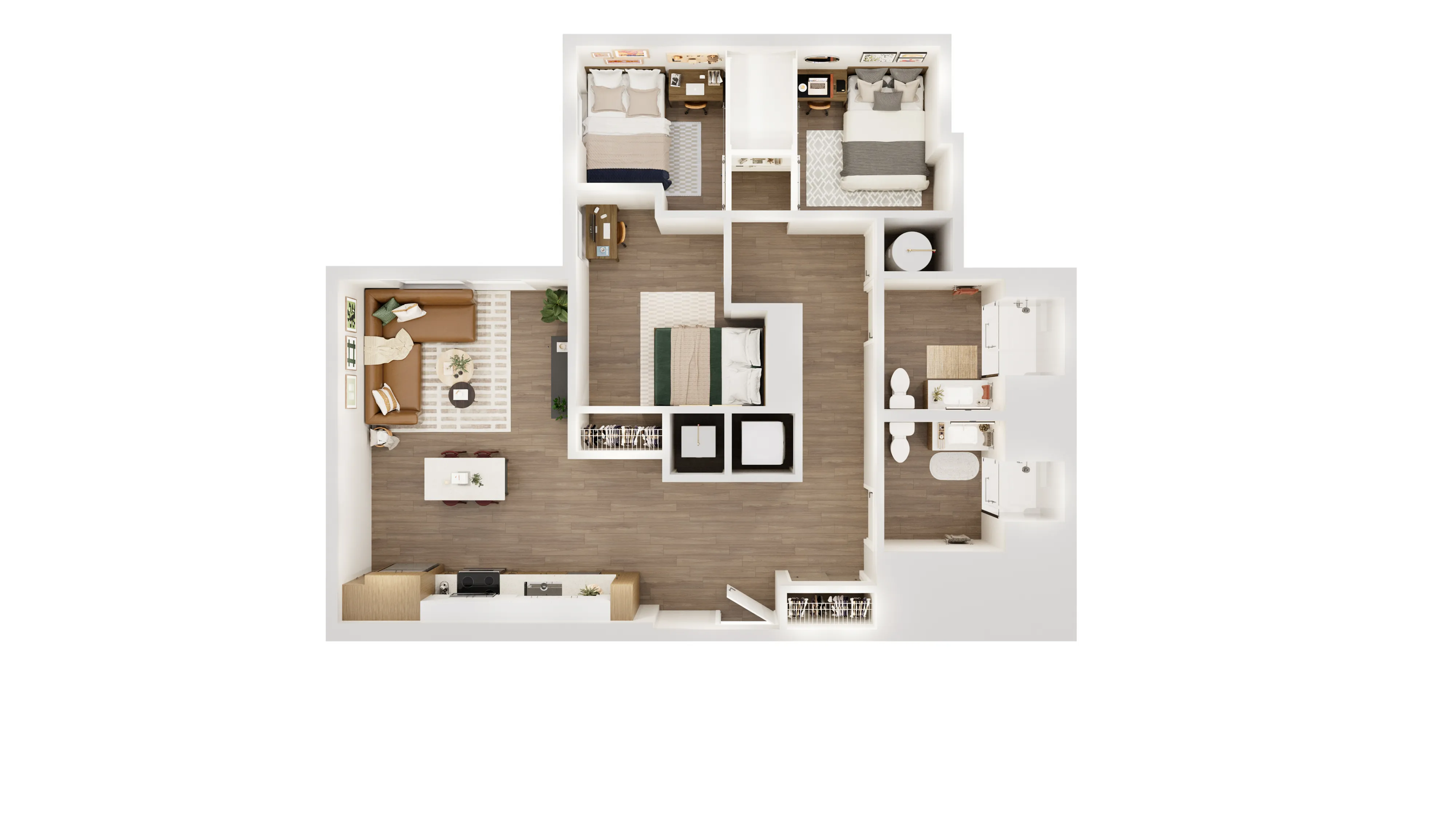 Modern floor plan showcasing spacious open-concept living room, well-appointed kitchen, two cozy bedrooms, and two sleek bathrooms with stylish design.