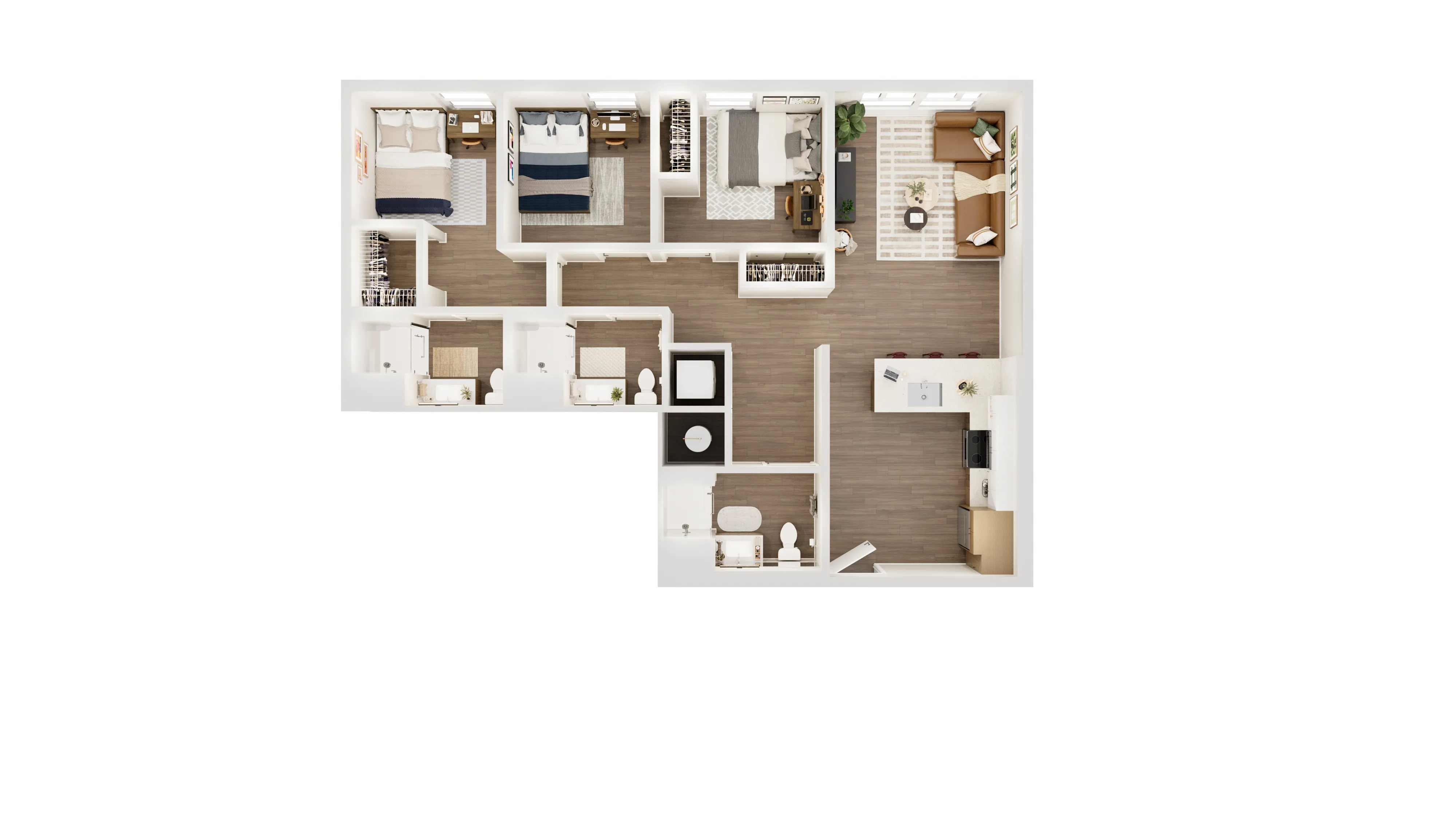 Modern L-shaped 3D floor plan featuring 3 bedrooms, open-concept kitchen, spacious living area, and 2 bathrooms with elegant wooden flooring.