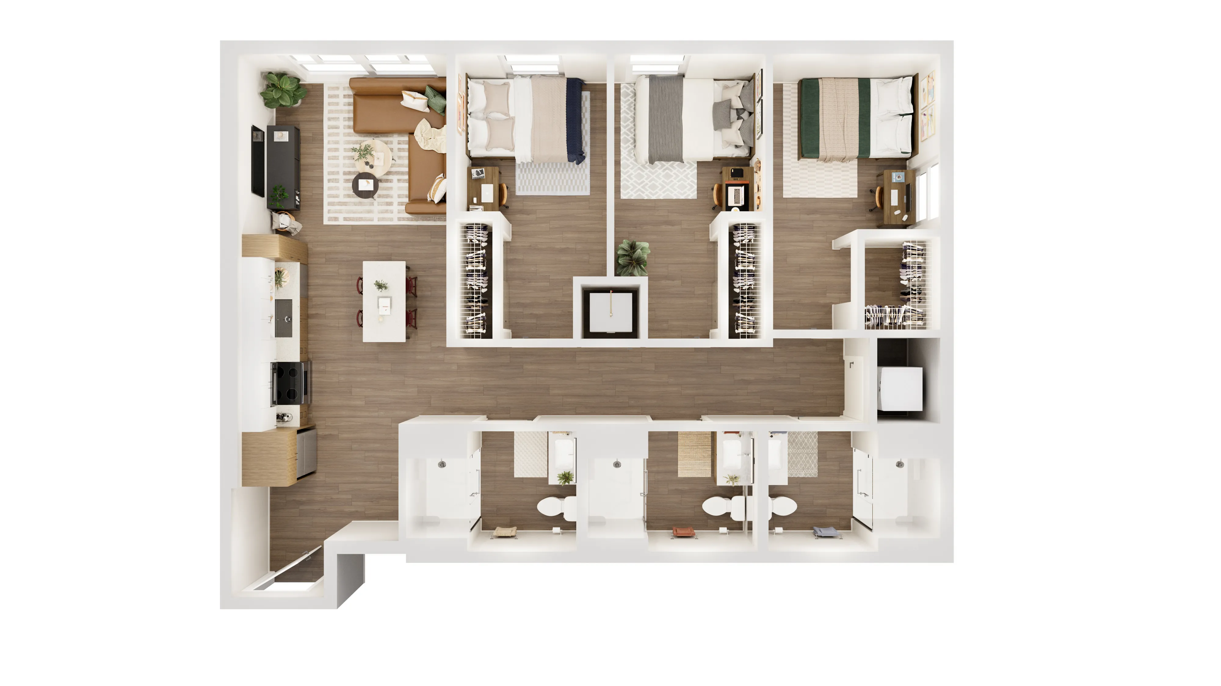 Modern 3-bedroom apartment floor plan with open-concept living area, sleek kitchen, and spacious interiors, perfect for comfortable living.