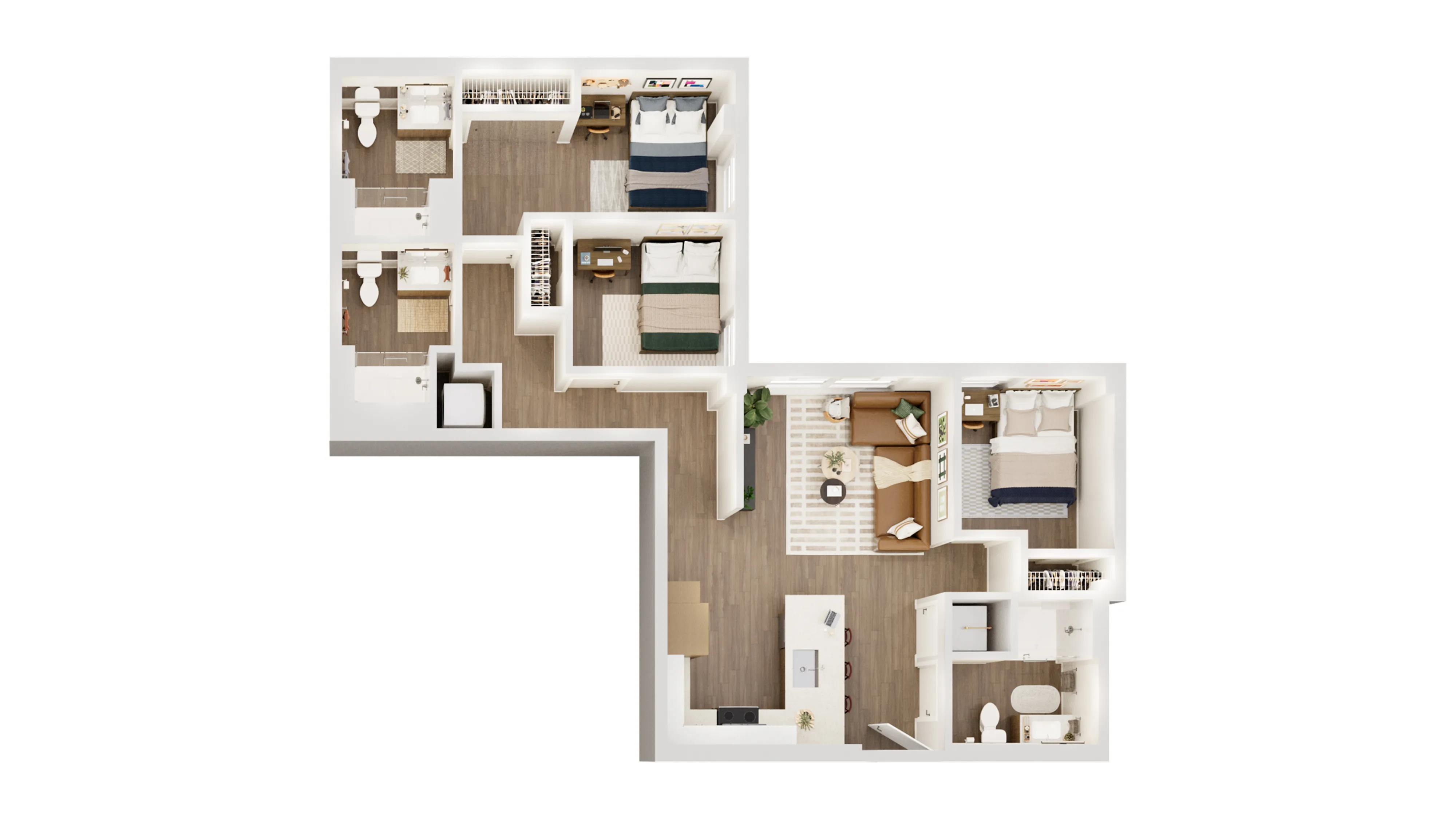 Modern L-shaped floor plan featuring 3 bedrooms, 2 stylish bathrooms, a cozy living area, and a sleek kitchen with island seating.