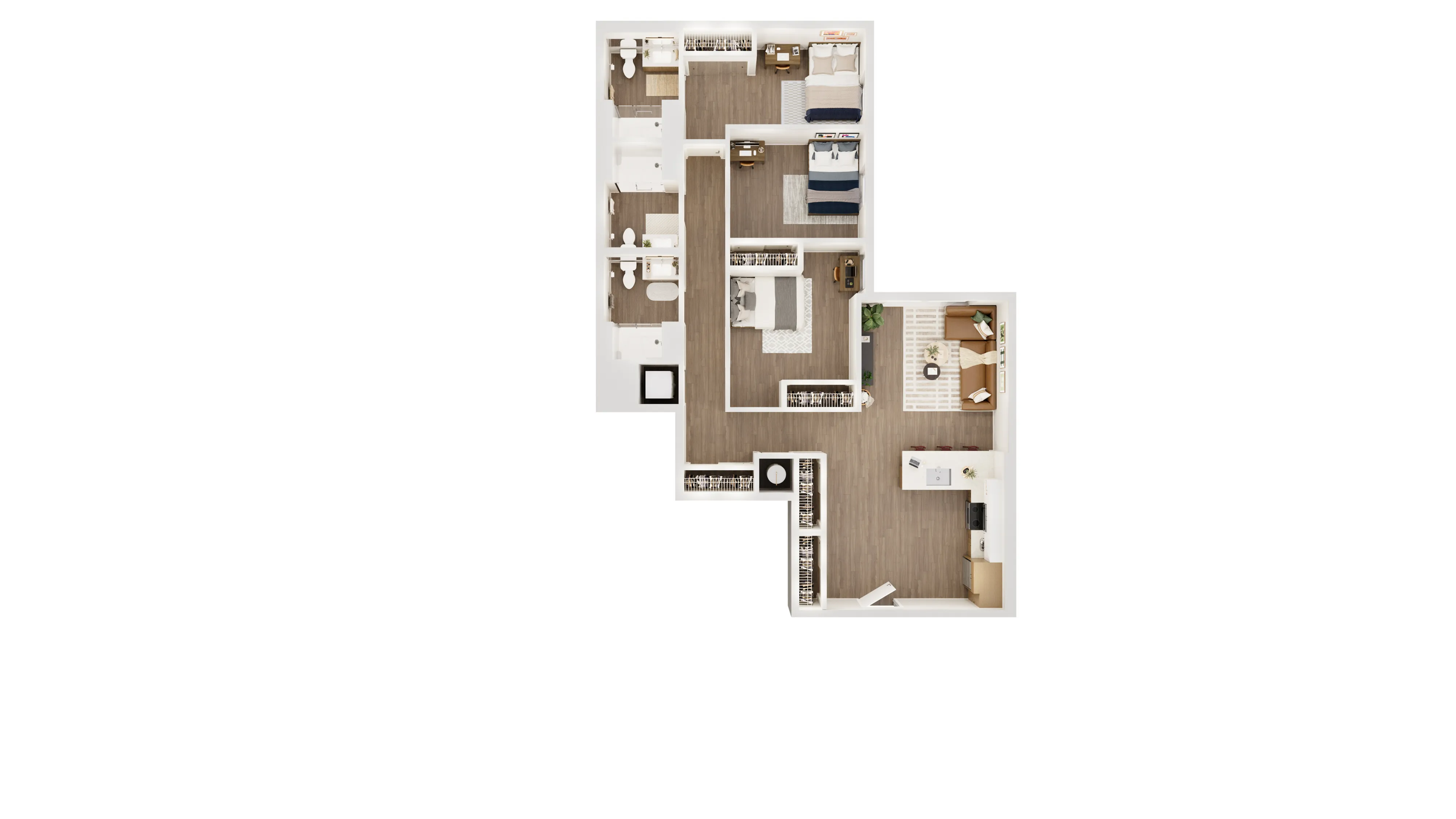 Modern 3-bedroom floor plan featuring two elegant bathrooms, an open living and dining area, and a spacious kitchen with ample counter space.