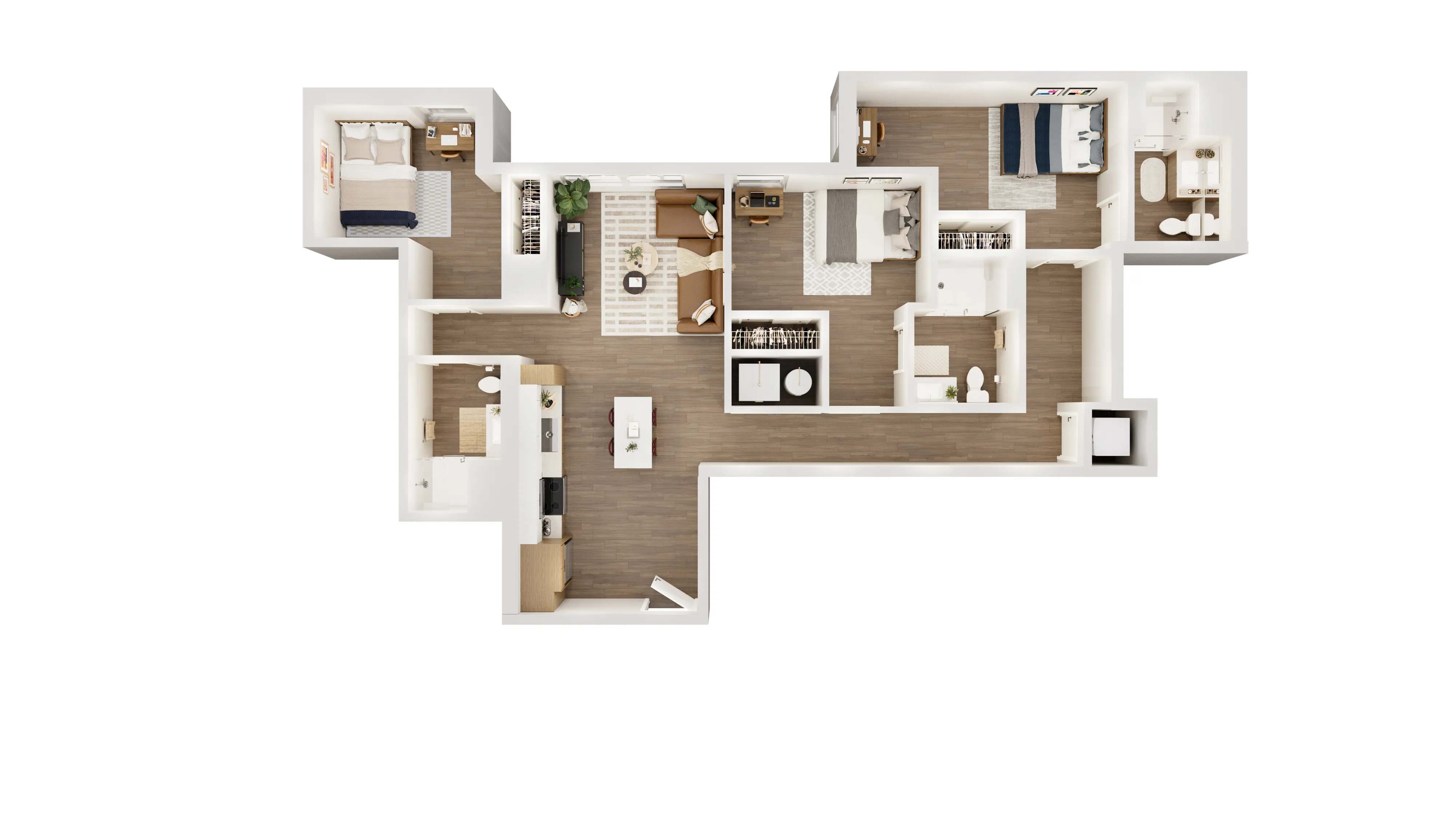Bright and modern 3-bedroom apartment floor plan with open-concept living area and sleek kitchen, exuding contemporary elegance.