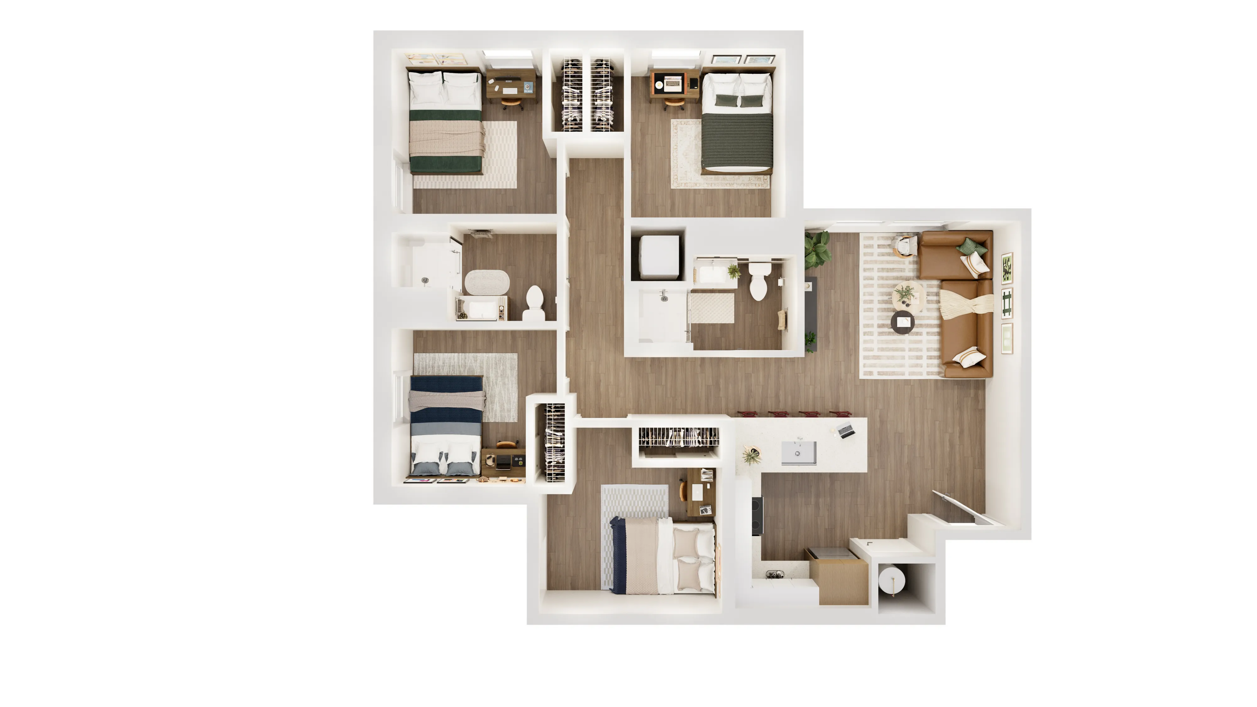 Modern 4-bedroom apartment floor plan showcasing a spacious living area, sleek kitchen with island, and two elegant bathrooms.