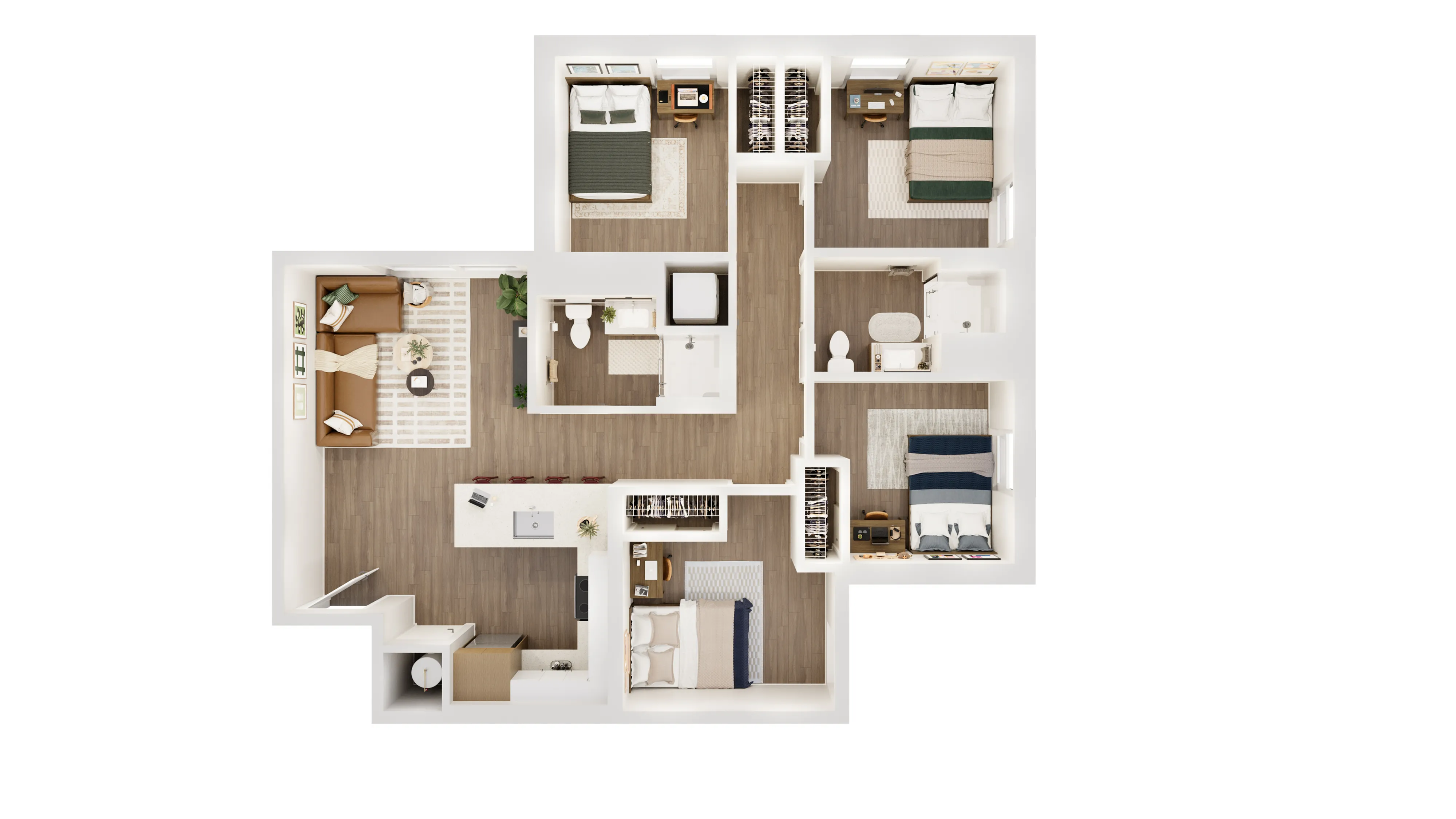 Elegant and spacious 3D floor plan showcasing 4 cozy bedrooms, contemporary open-plan living area, modern kitchen with island, and 2 sleek bathrooms.