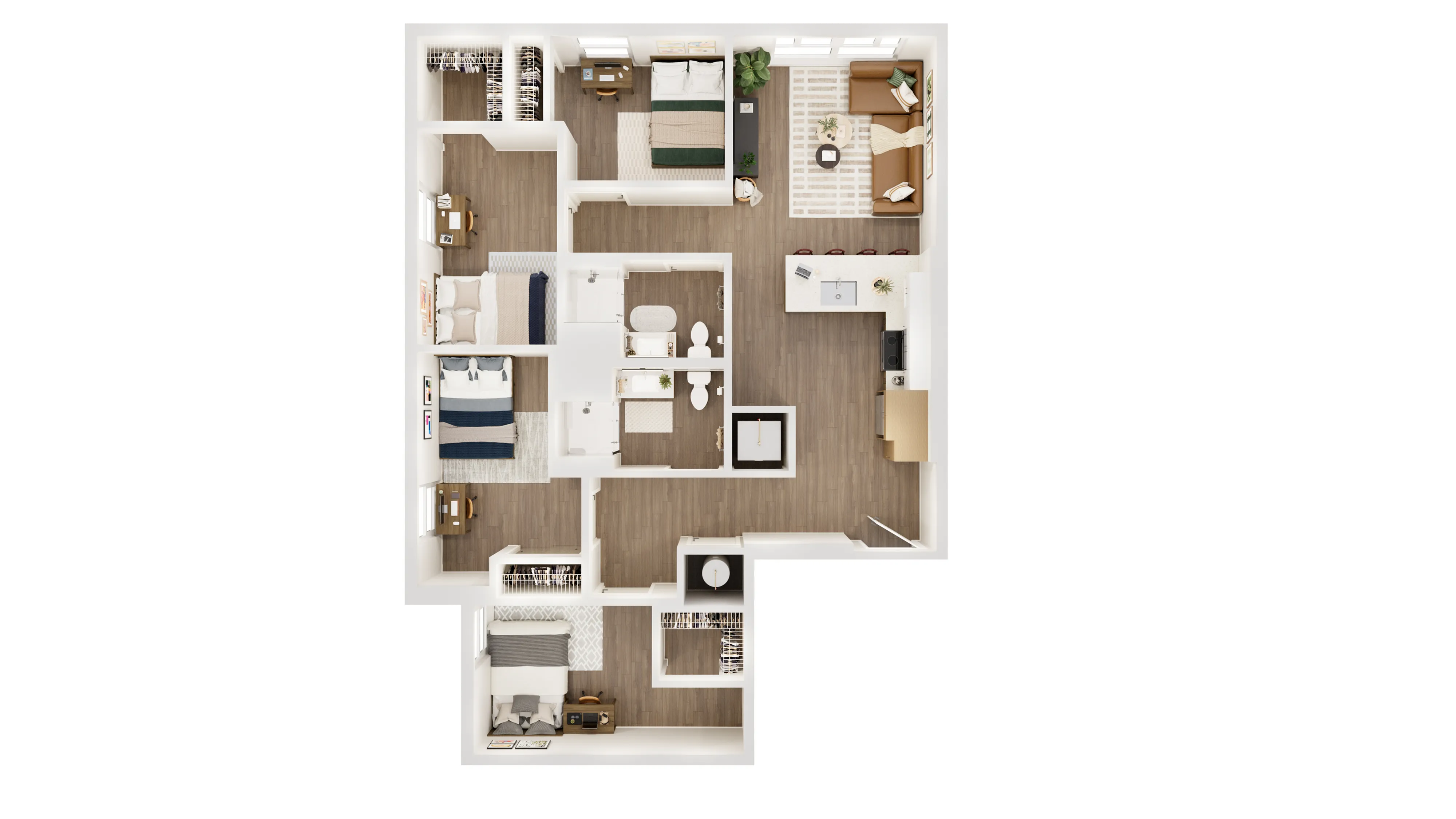 Modern floor plan showcasing 4 bedrooms, a spacious kitchen, and a cozy living area with hardwood flooring.