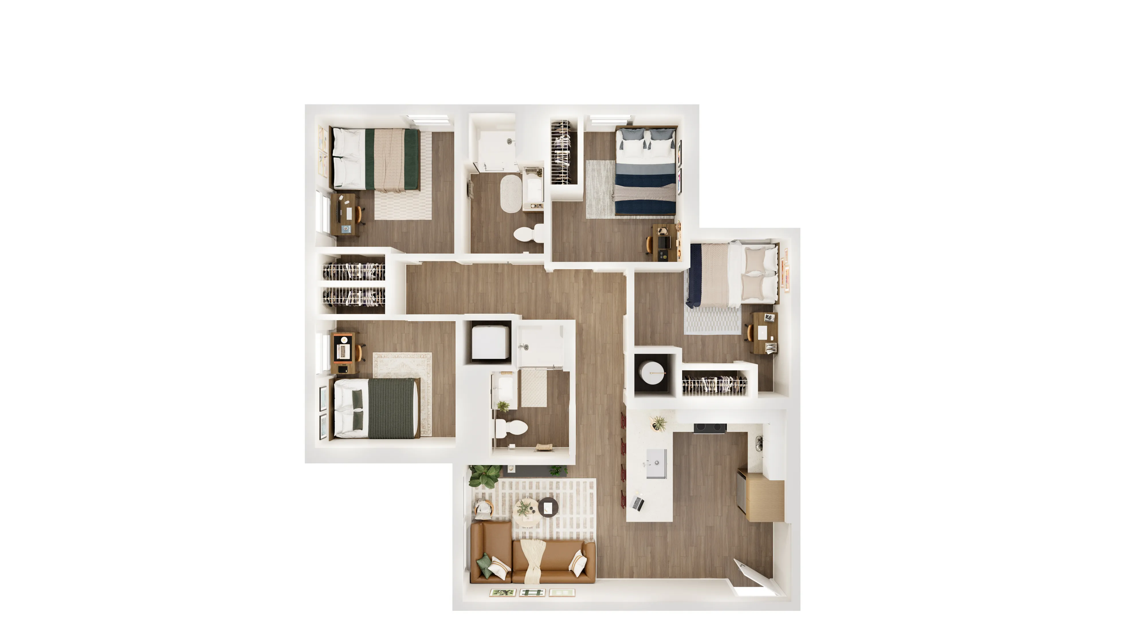 Chic 4-bedroom apartment floor plan with open-concept living and kitchen area, featuring sleek interior design and ample natural light.