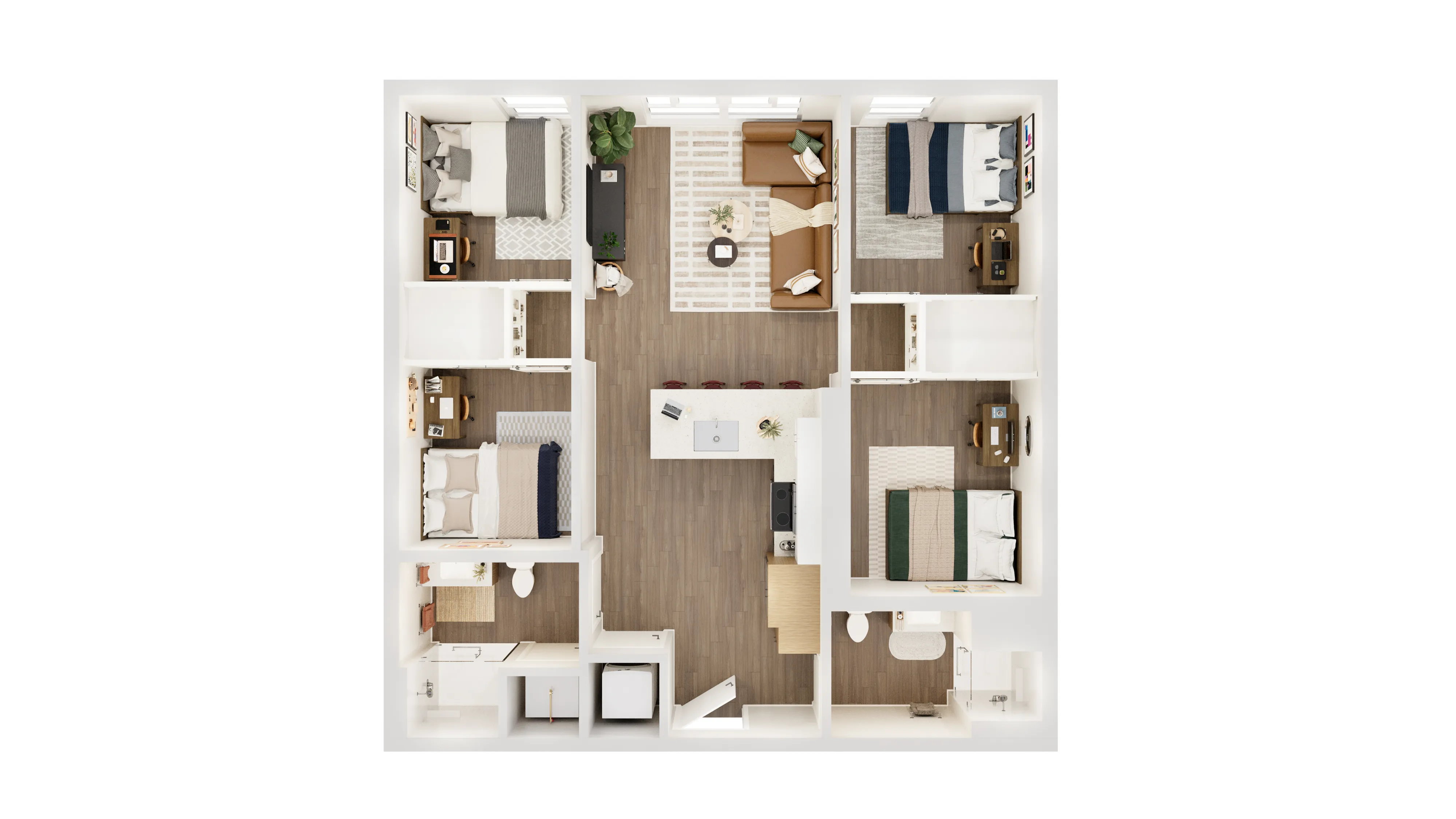 Modern floor plan showcasing 4 cozy bedrooms, an inviting open-concept living space, and a sleek kitchen with a breakfast bar.