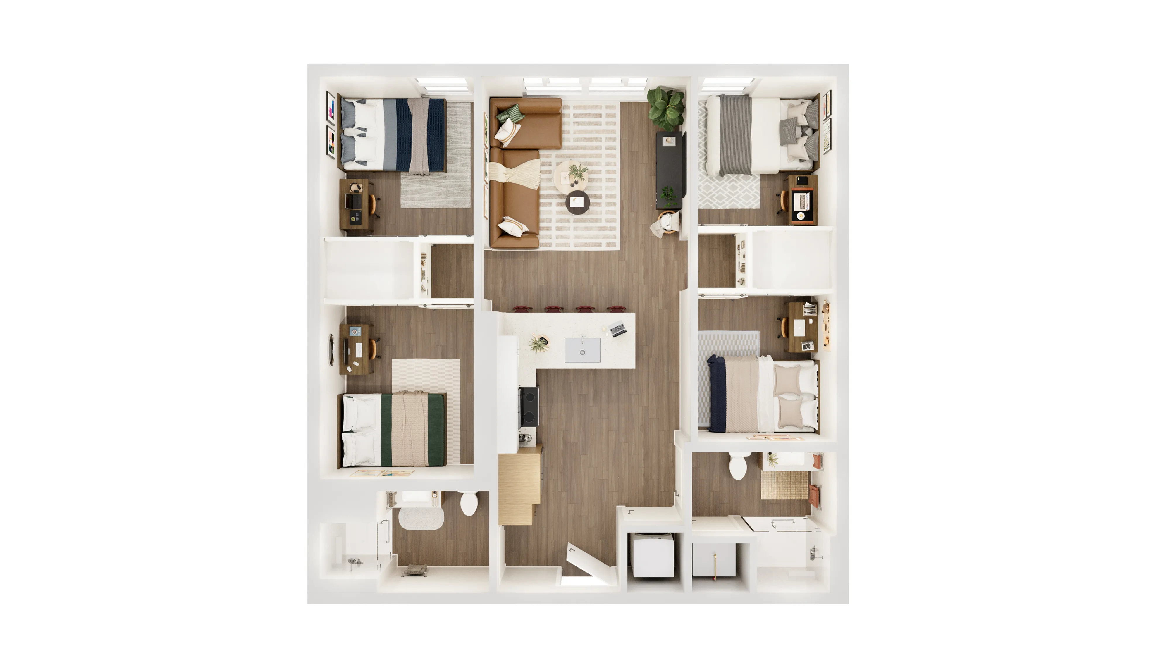Modern 4-bedroom apartment floor plan with spacious open-concept living area and sleek kitchen design.
