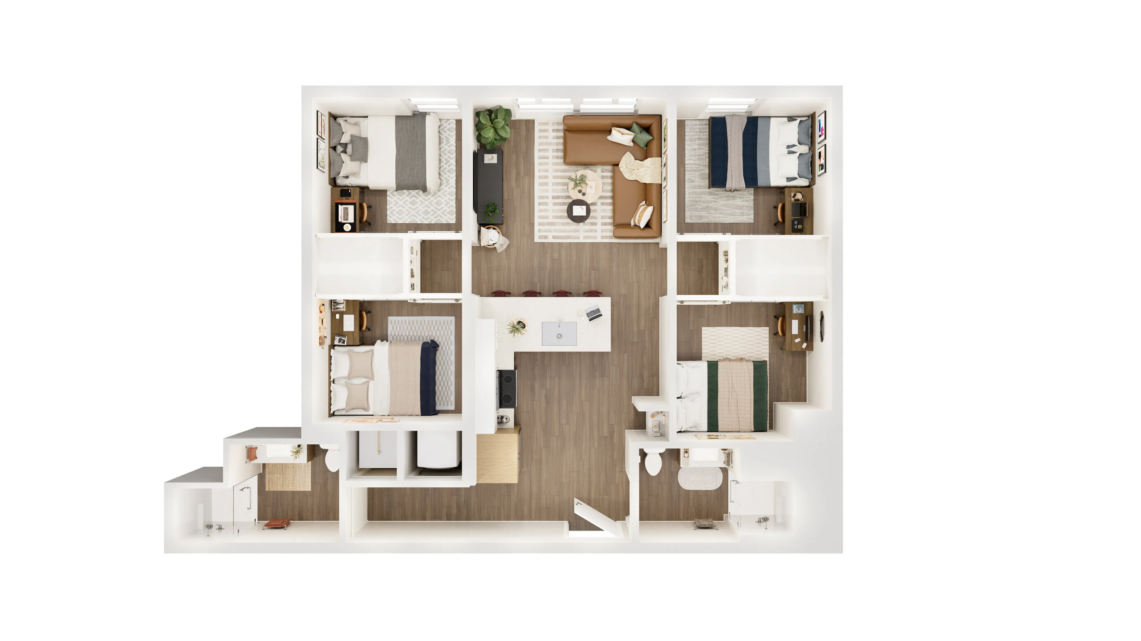 Modern 4-bedroom apartment floor plan with open-concept living area, sleek kitchen, and cozy bedrooms.