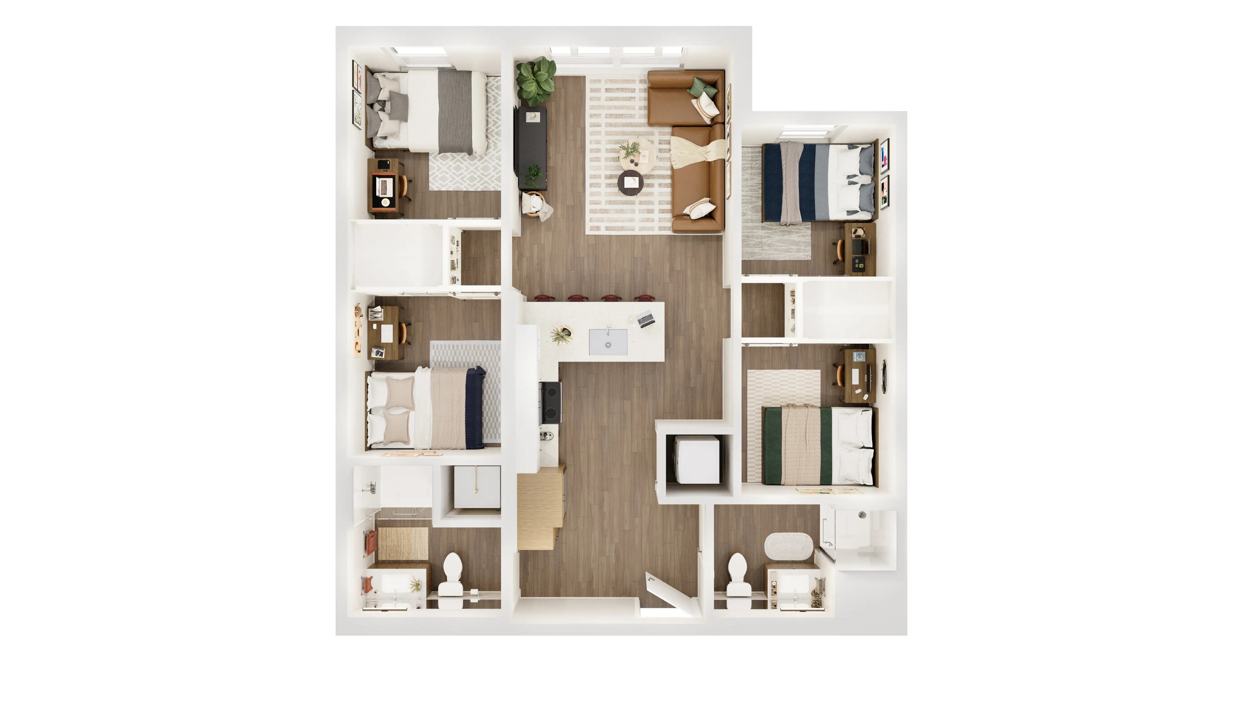 Spacious 3D floor plan featuring four cozy bedrooms, an inviting open living area, and a modern kitchen with a central island.