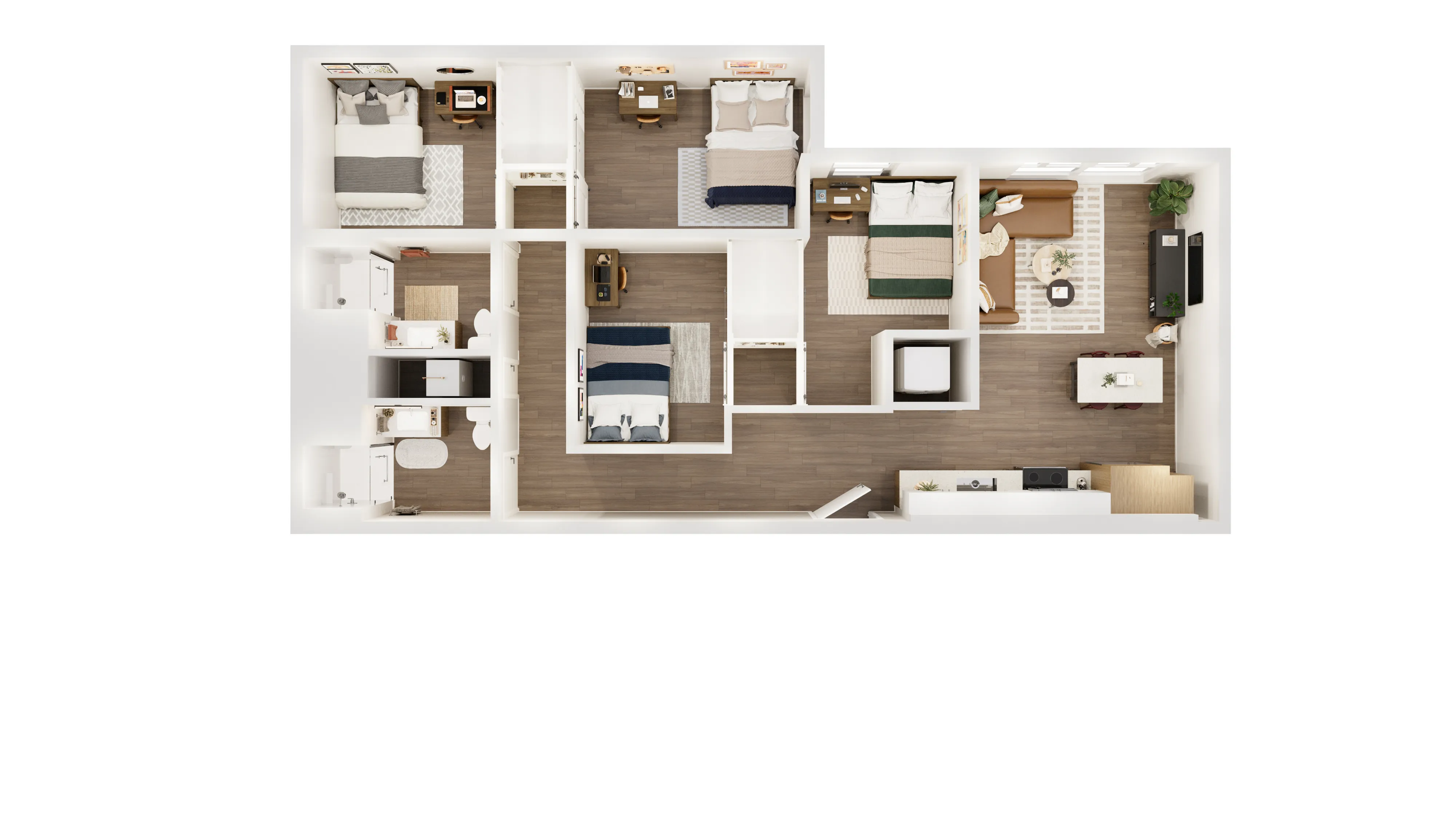 Elegant 3D floor plan showcasing 4 cozy bedrooms, a modern living room, and a stylish kitchen with dining area.