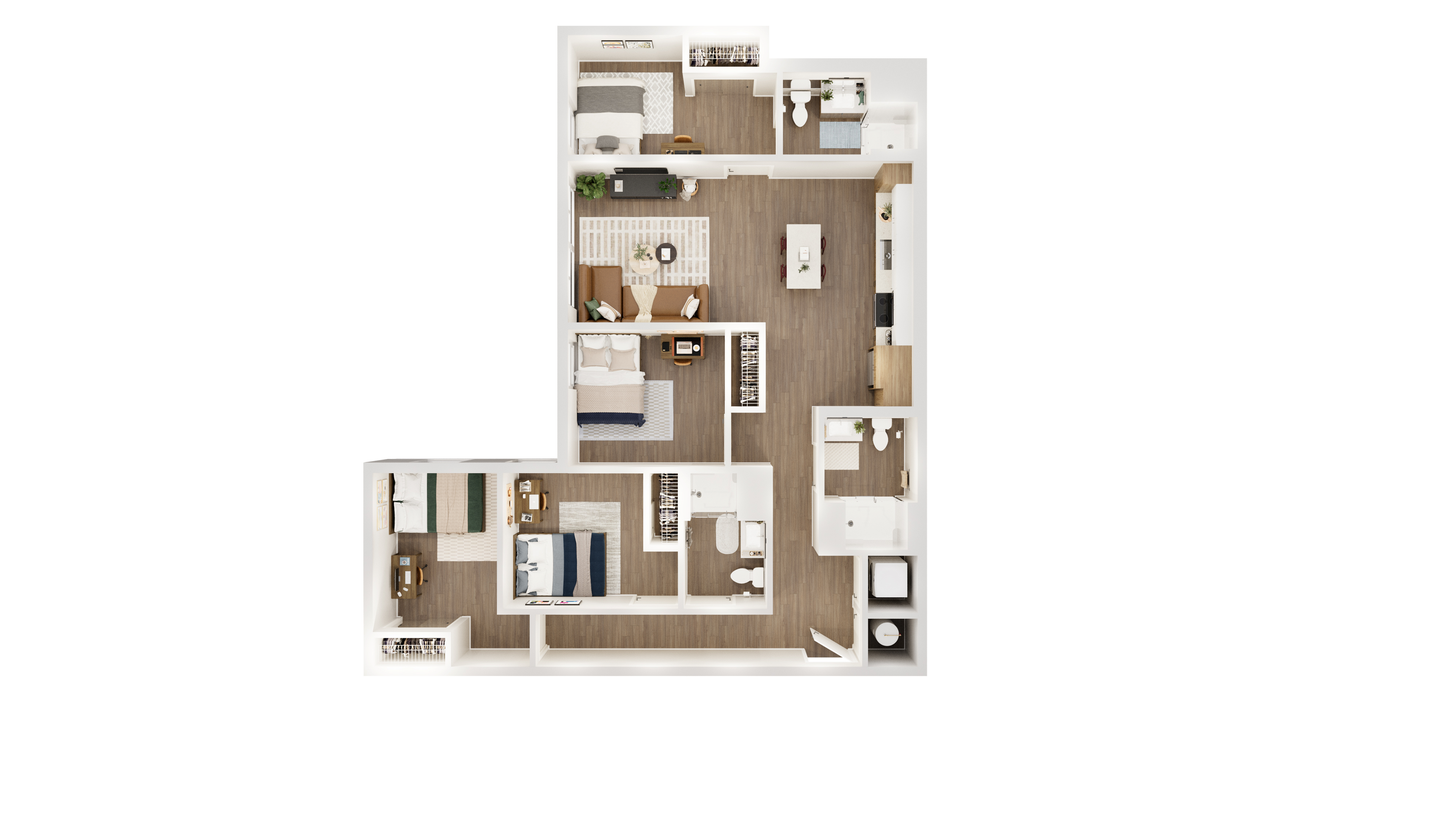 Modern floor plan showcasing 4 bedrooms, open kitchen with island, and cozy living area, ideal for comfortable living.