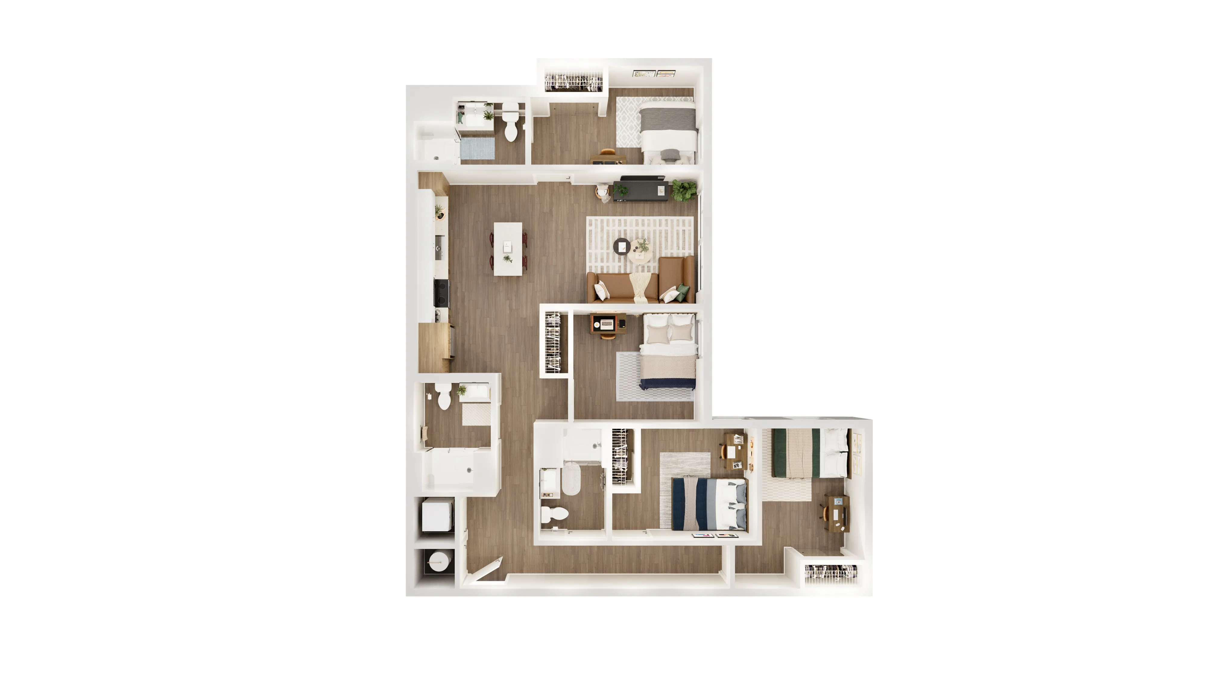 Modern 3D floor plan showcasing four bedrooms, a versatile open living area, and a chic kitchen with stylish design elements.