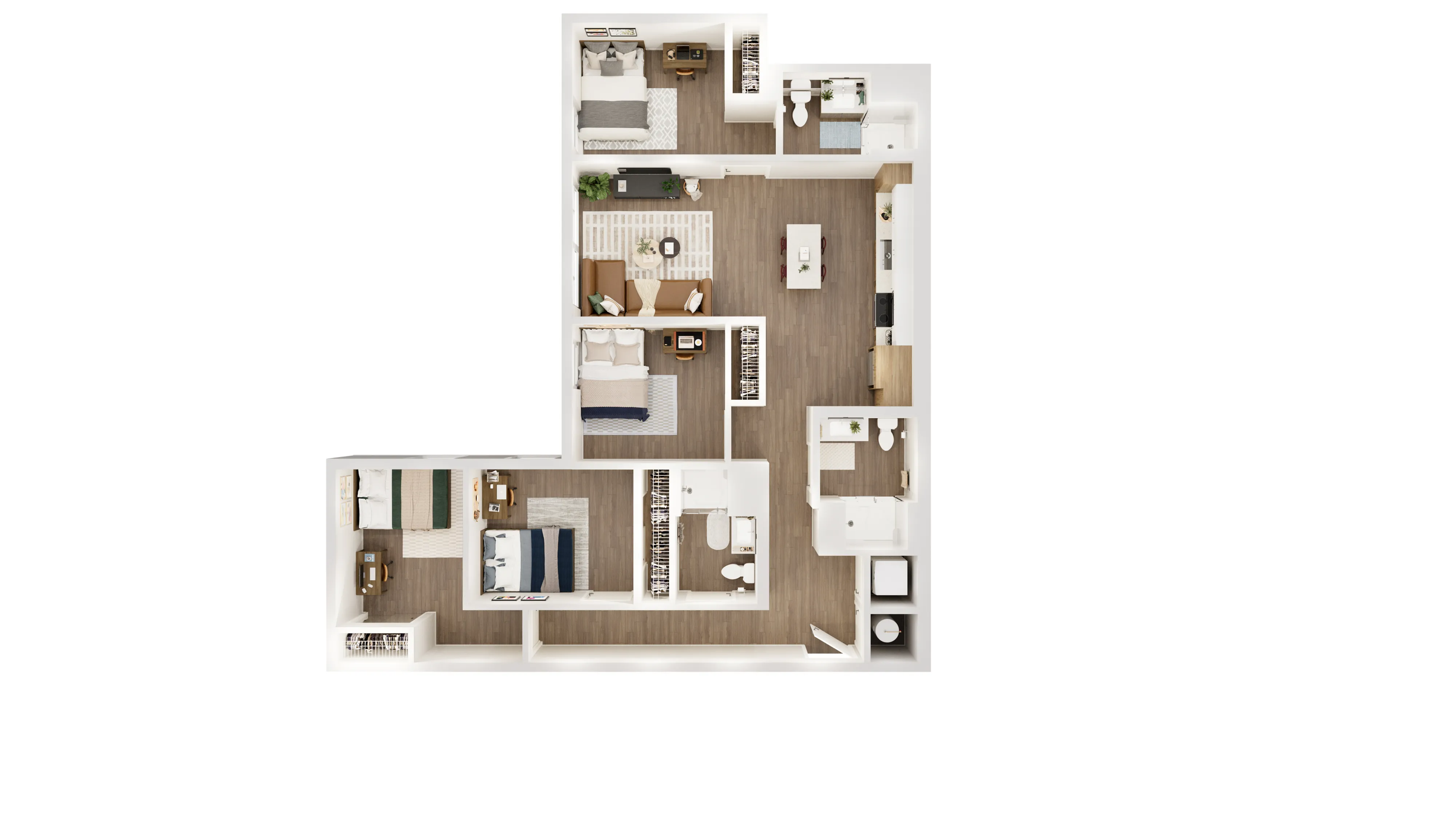 Elegant 3D floor plan featuring 4 bedrooms, a spacious open living area, and a modern kitchen, ideal for comfortable urban living.