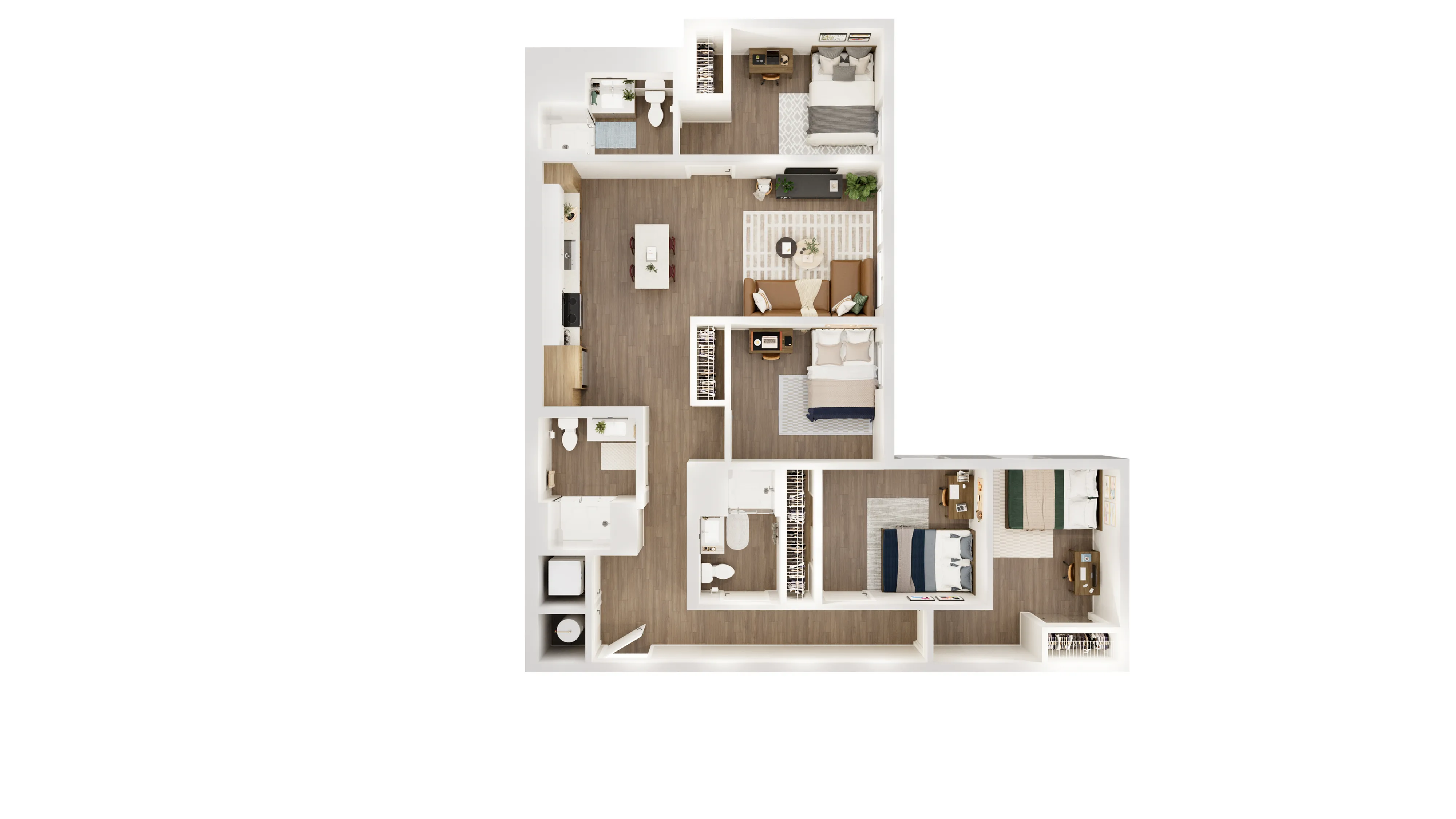 Sophisticated 3D floor plan showcasing 4 spacious bedrooms, a modern kitchen with an island, open-concept living area, and elegant wood flooring.
