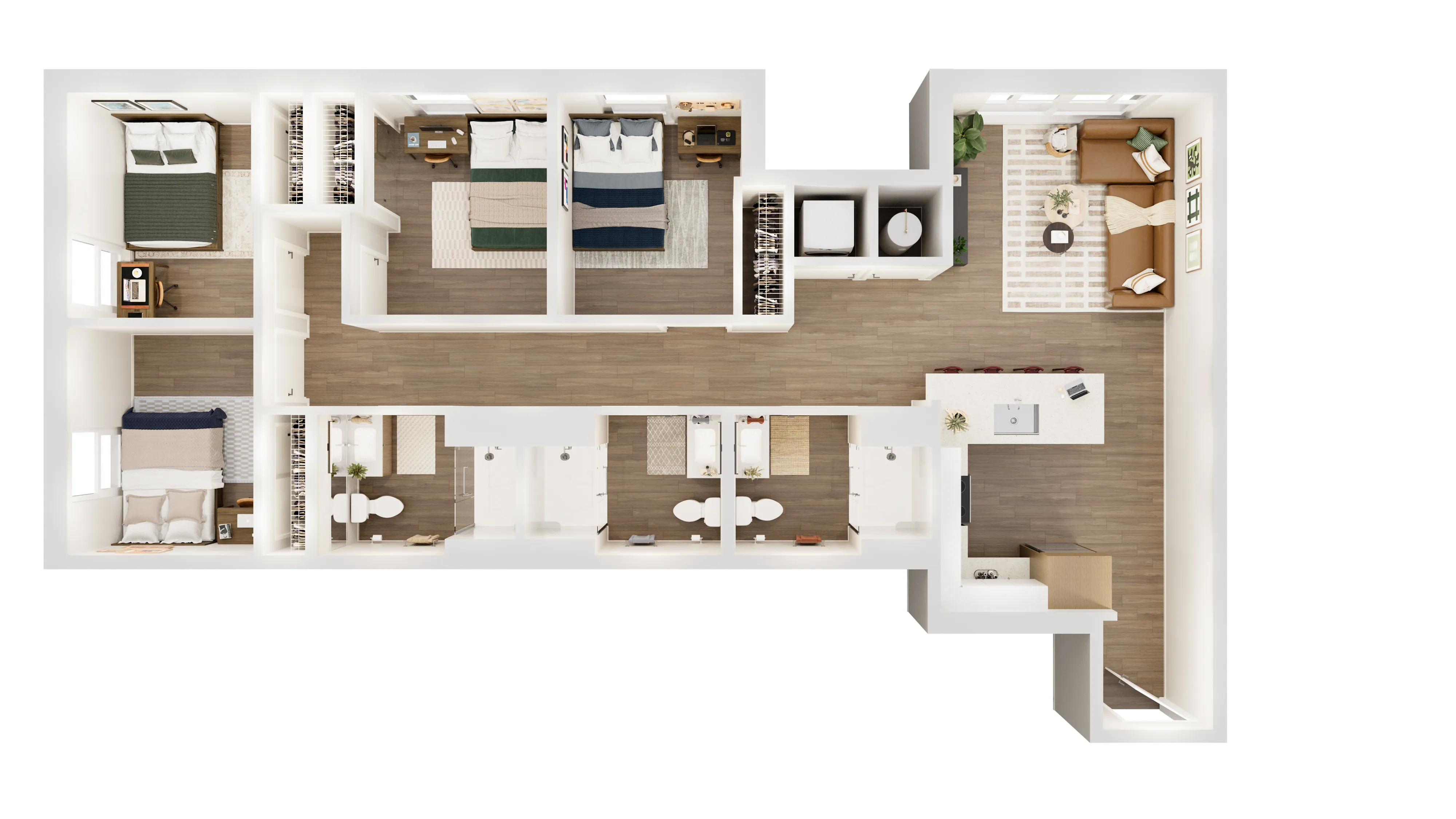 Contemporary floor plan showcasing 4 stylish bedrooms, dual bathrooms, an open-concept living area with a modern kitchen and inviting lounge space.