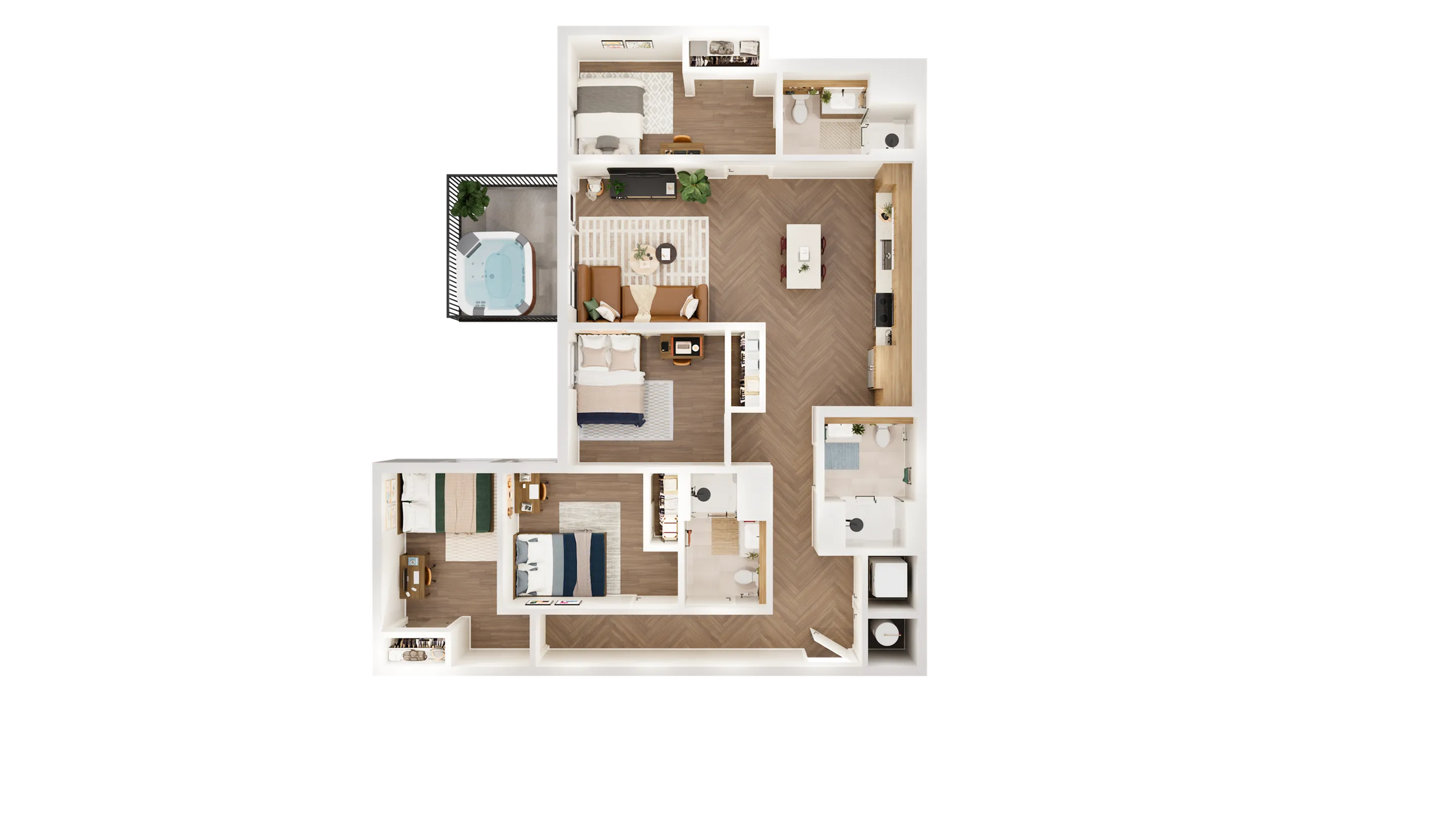Elegant 3-bedroom floor plan with a spacious open kitchen, cozy living area, luxurious bathrooms, and a relaxing outdoor hot tub space.