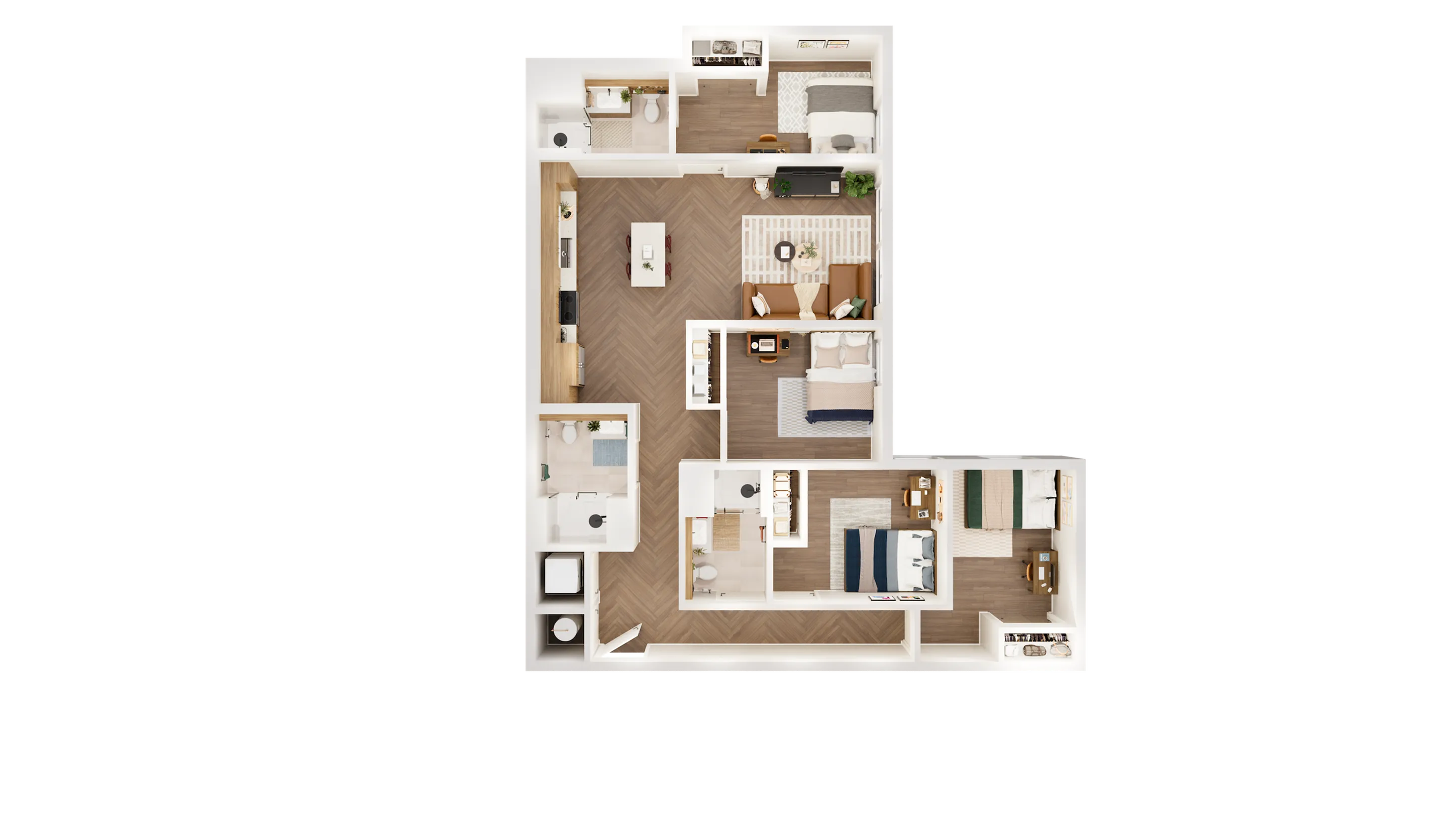 Elegant L-shaped floor plan showcasing 3 bedrooms, an open kitchen with an island, and cozy living area. Modern design with two bathrooms and stylish wood flooring.