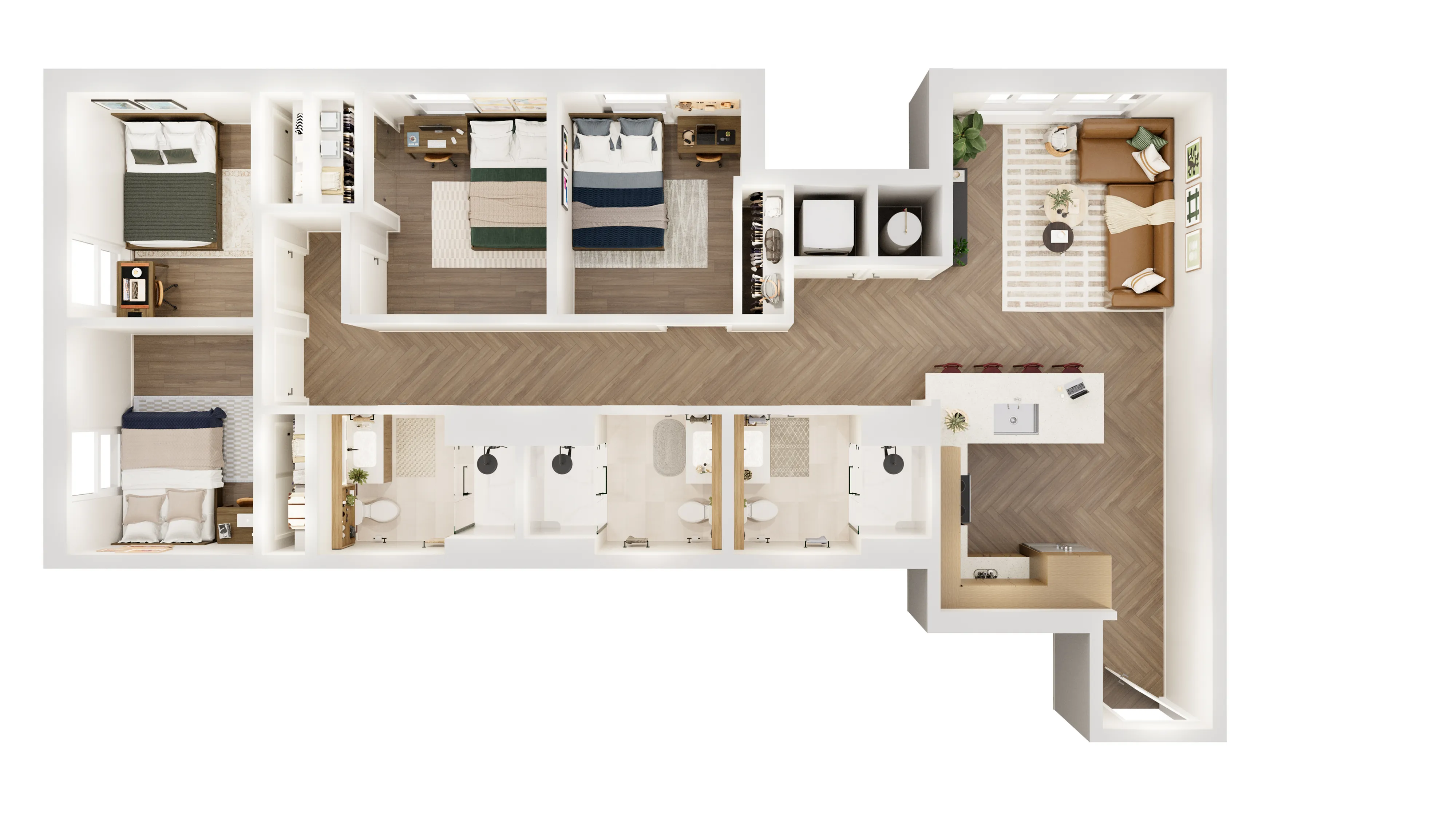 Modern 3D floor plan showcasing 3 bedrooms, 2 chic bathrooms, and a spacious open-concept living area with a sleek kitchen and cozy living room.