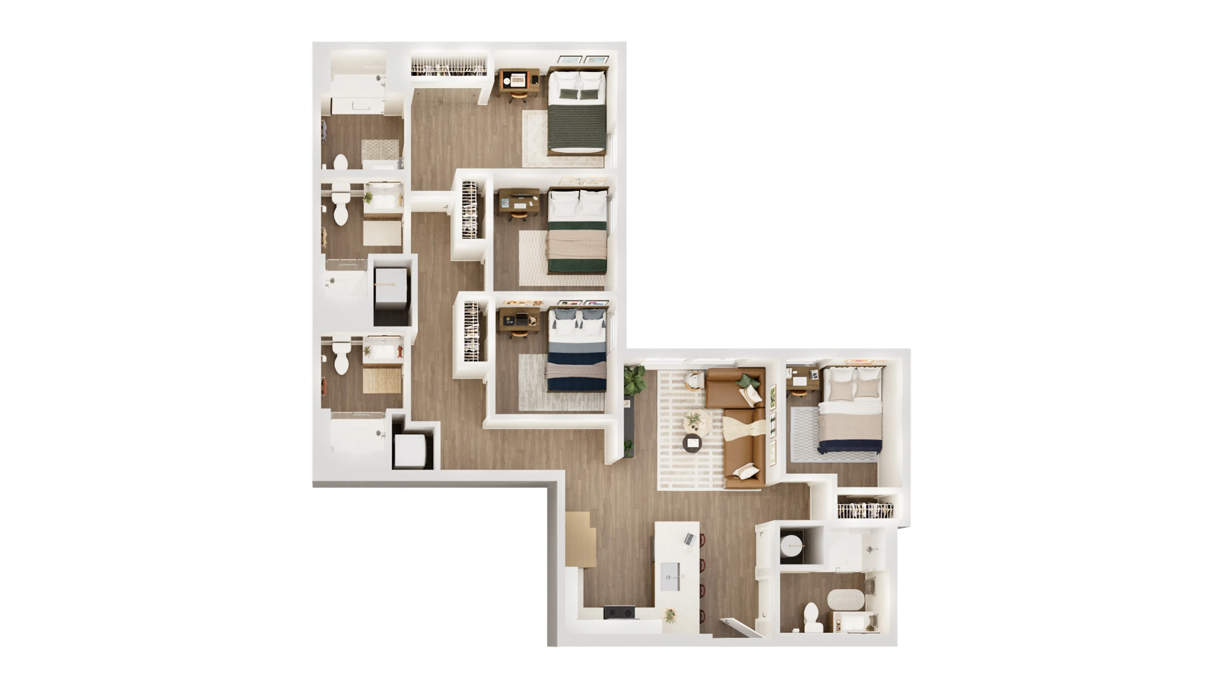 Contemporary open-concept floor plan showcasing four bedrooms, a modern kitchen, and a cozy living space, designed with elegant wood flooring.