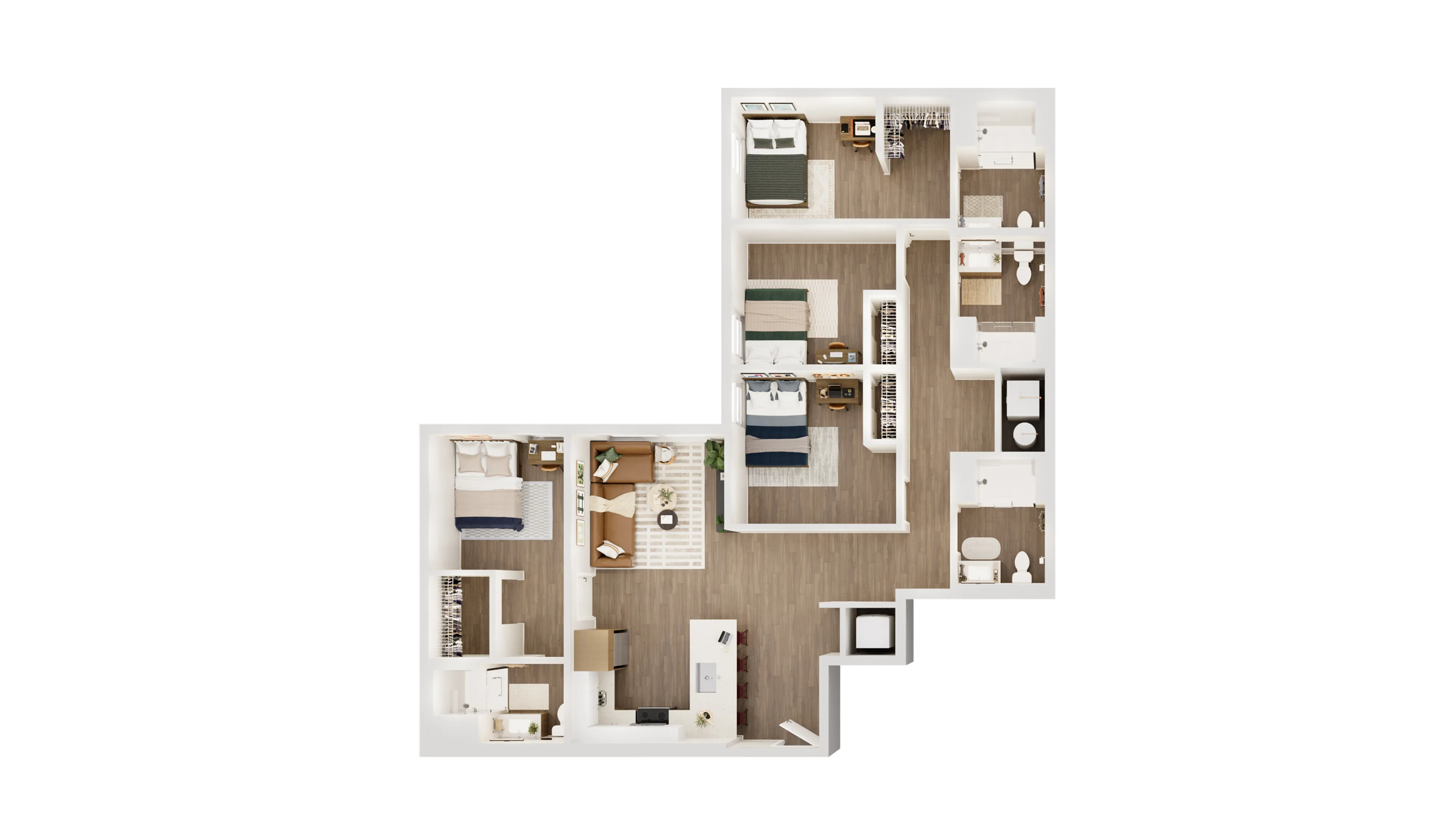 Contemporary 4-bedroom floor plan featuring a spacious open-concept living room seamlessly connected to a modern kitchen, complete with stylish hardwood flooring and elegant bathrooms.