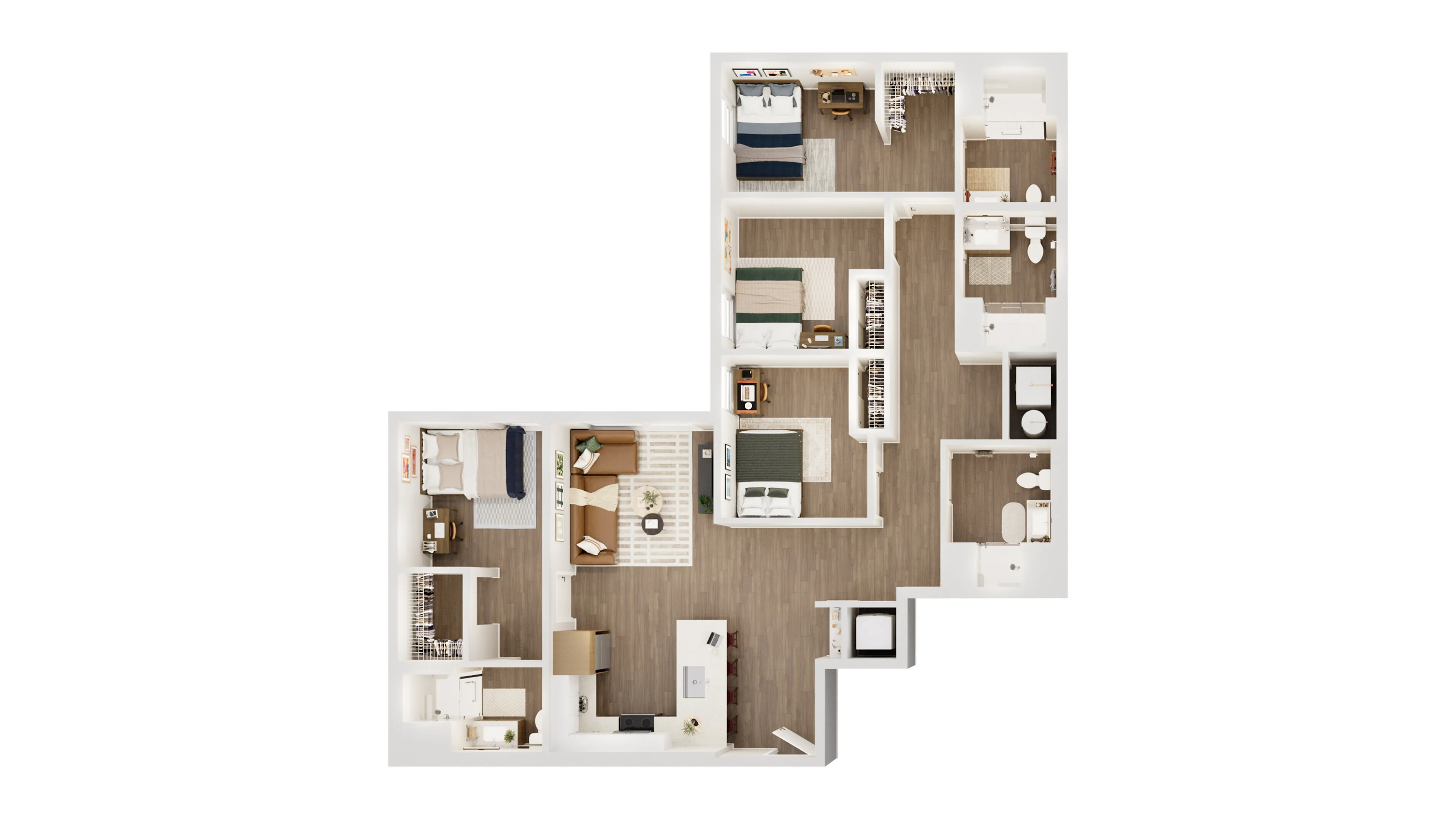 Modern 4-bedroom apartment floor plan featuring a spacious living room, cozy kitchen, and two elegant bathrooms.