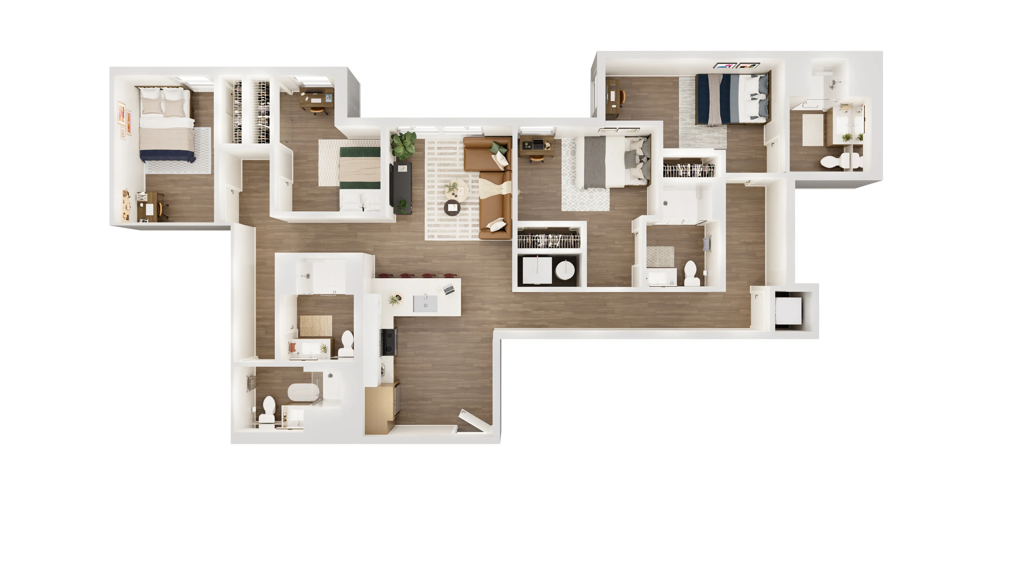 Elegant 4-bedroom floor plan with open living area, modern kitchen, and cozy study nook.