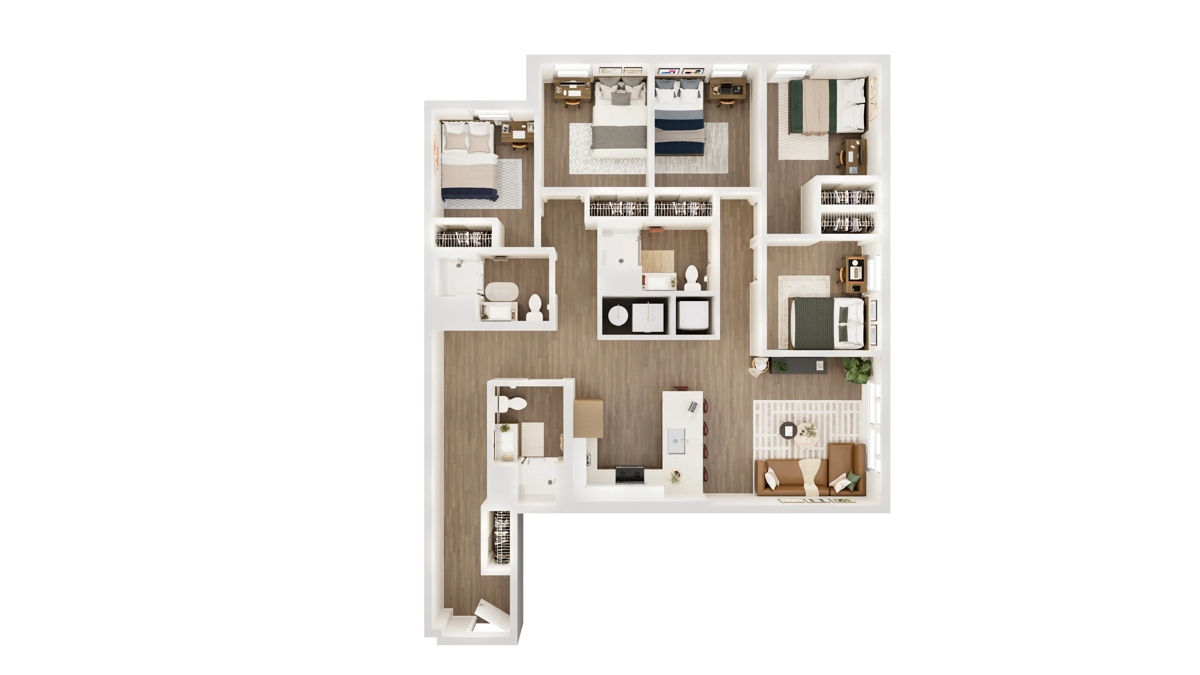Modern floor plan showcasing 5 bedrooms, a spacious living room, and an open-concept kitchen with elegant finishes.