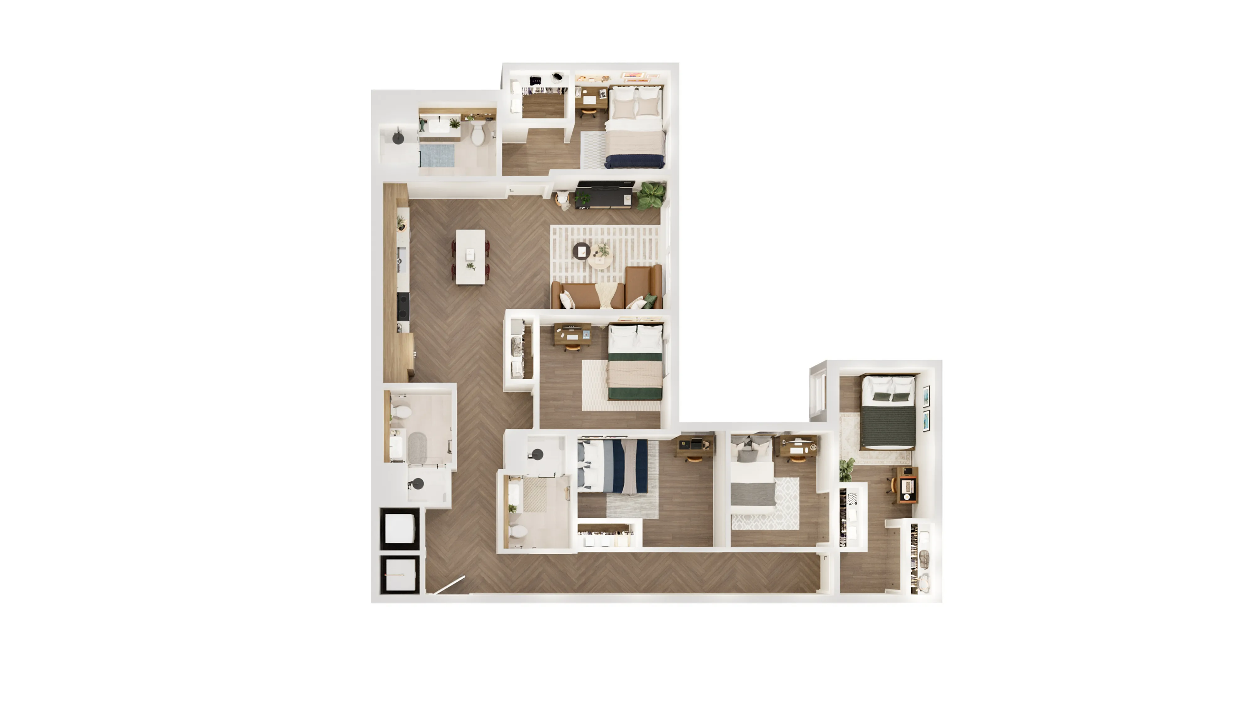 Elegant floor plan showcasing five bedrooms, open-concept living area, modern kitchen, and three bathrooms.