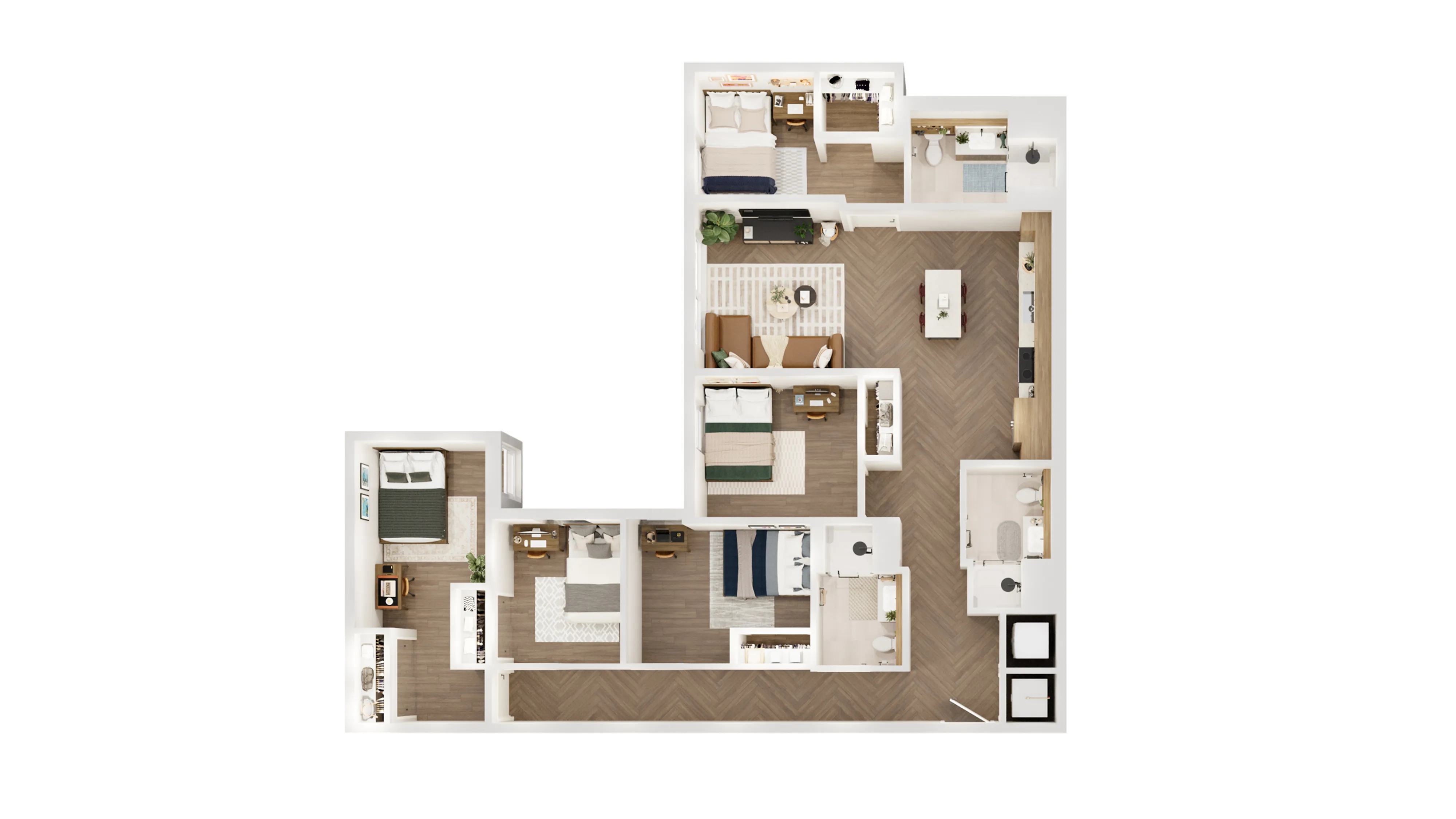 Modern L-shaped floor plan showcasing 5 bedrooms, a chic living area, and a streamlined kitchen with elegant wood flooring.