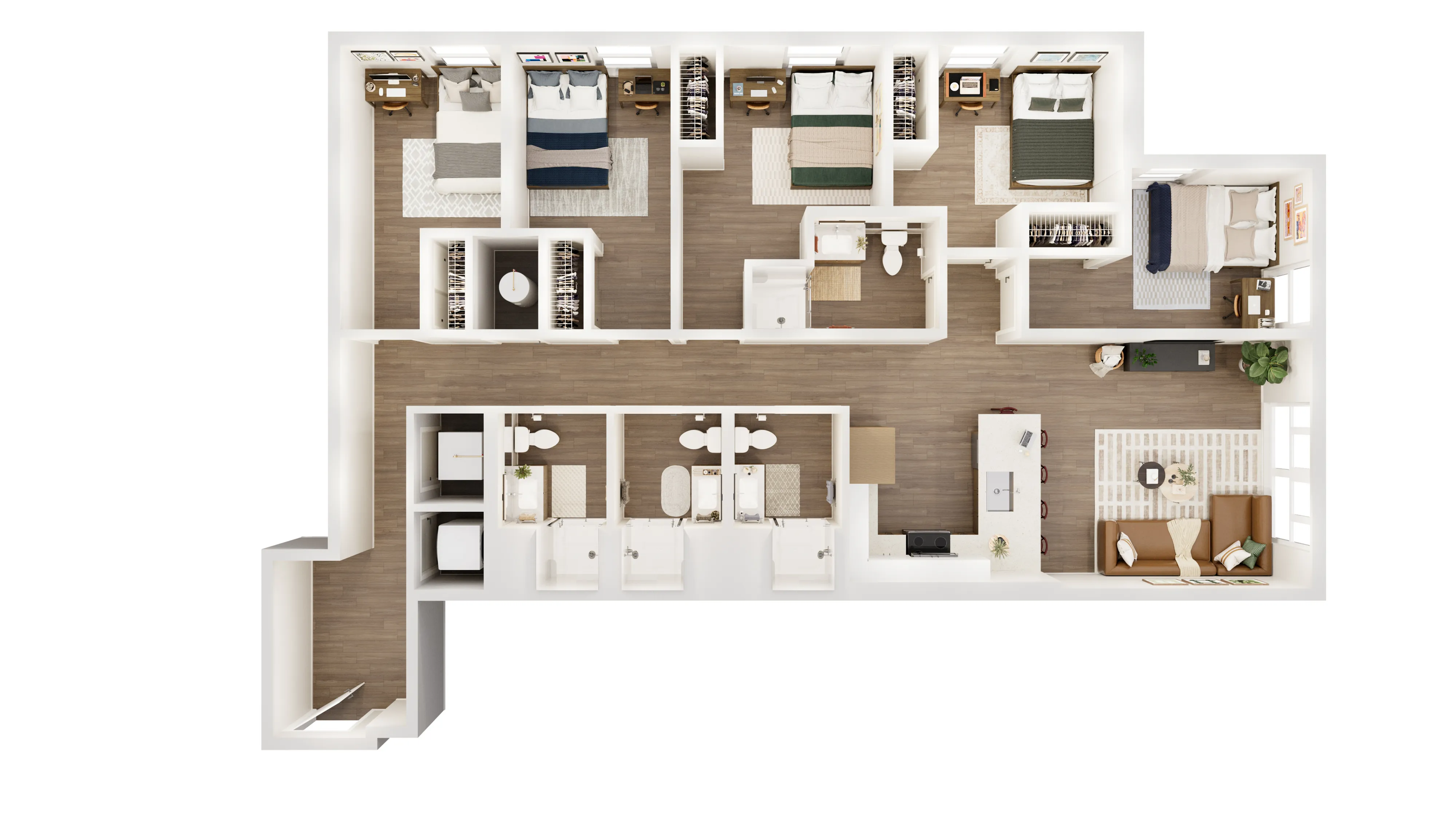 Elegant 3D floor plan showcasing a spacious layout with five bedrooms, cozy living room, modern kitchen, and four bathrooms.