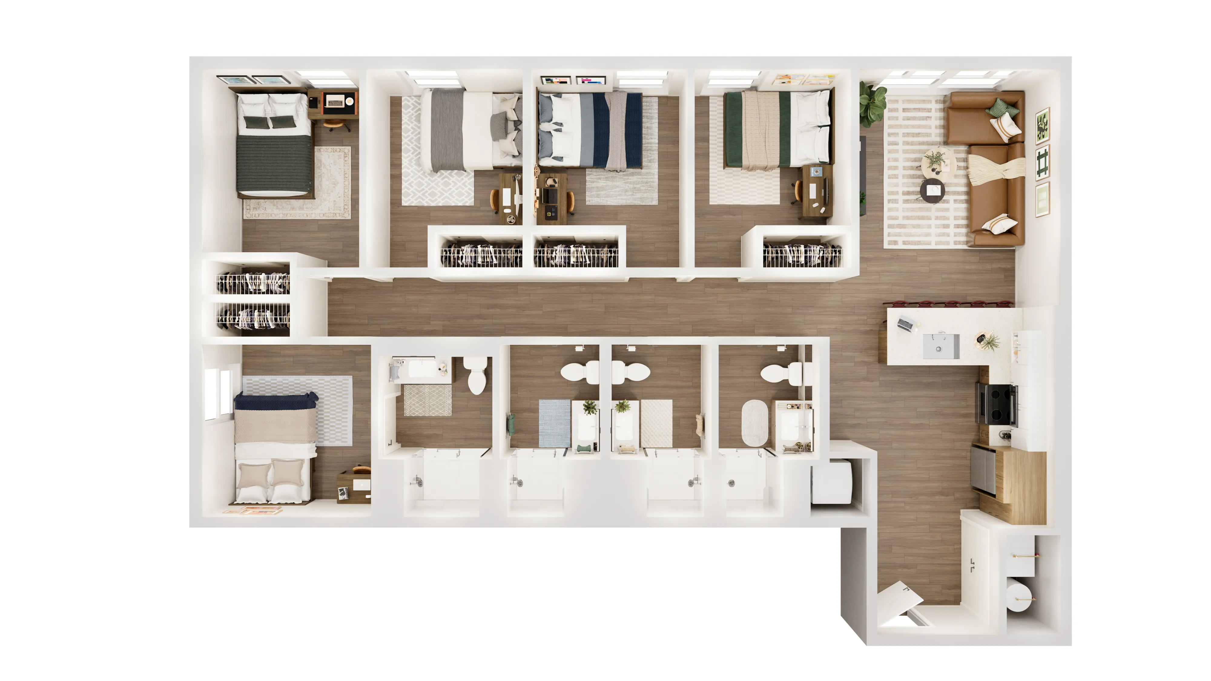 Modern 5-bedroom apartment floor plan with cozy living area, open kitchen, and multiple bathrooms, perfect for spacious living.