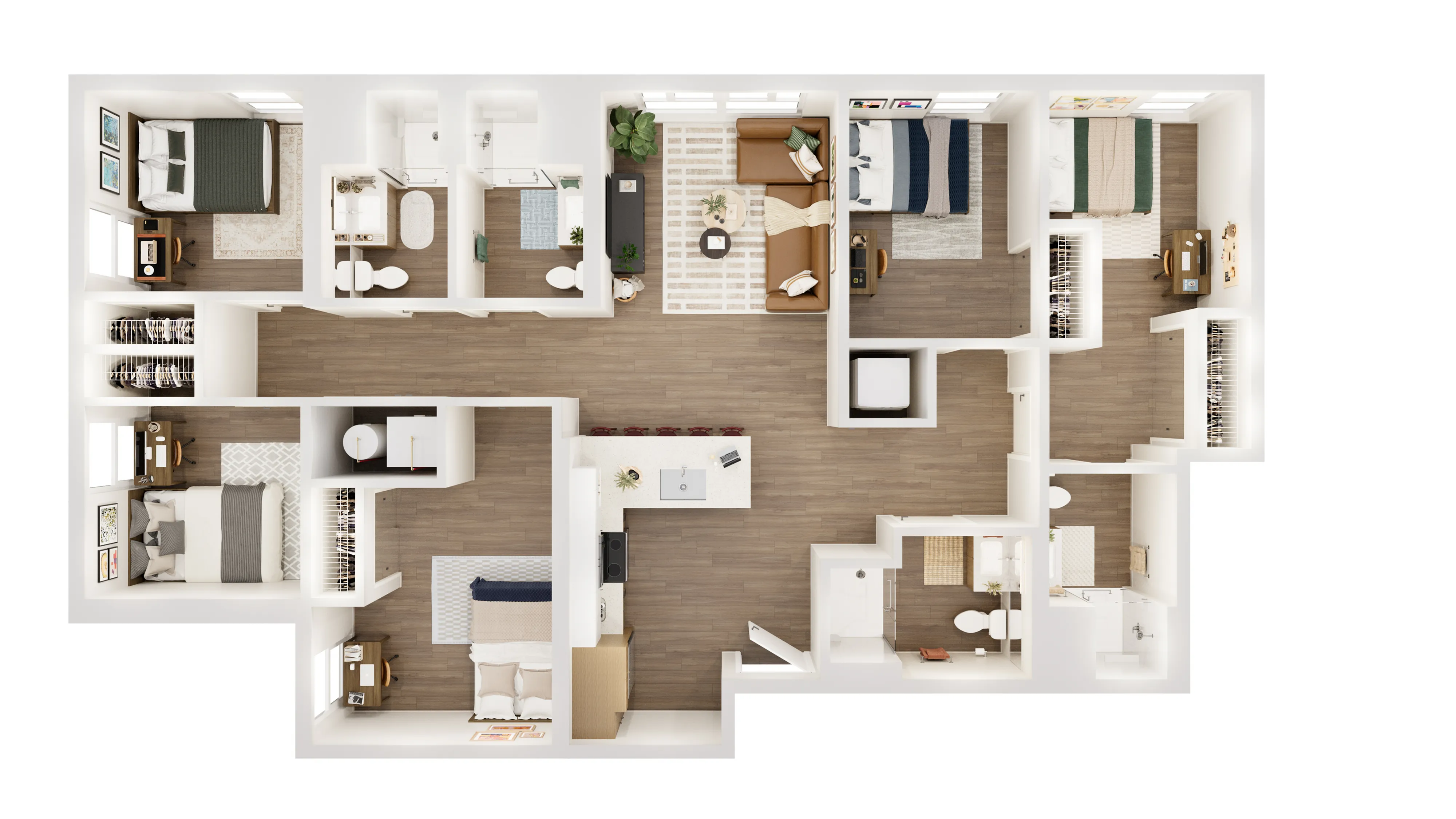 Modern 3D floor plan showcasing 5 elegant bedrooms, an open-concept living area, a sleek kitchen with an island, and spacious bathrooms.