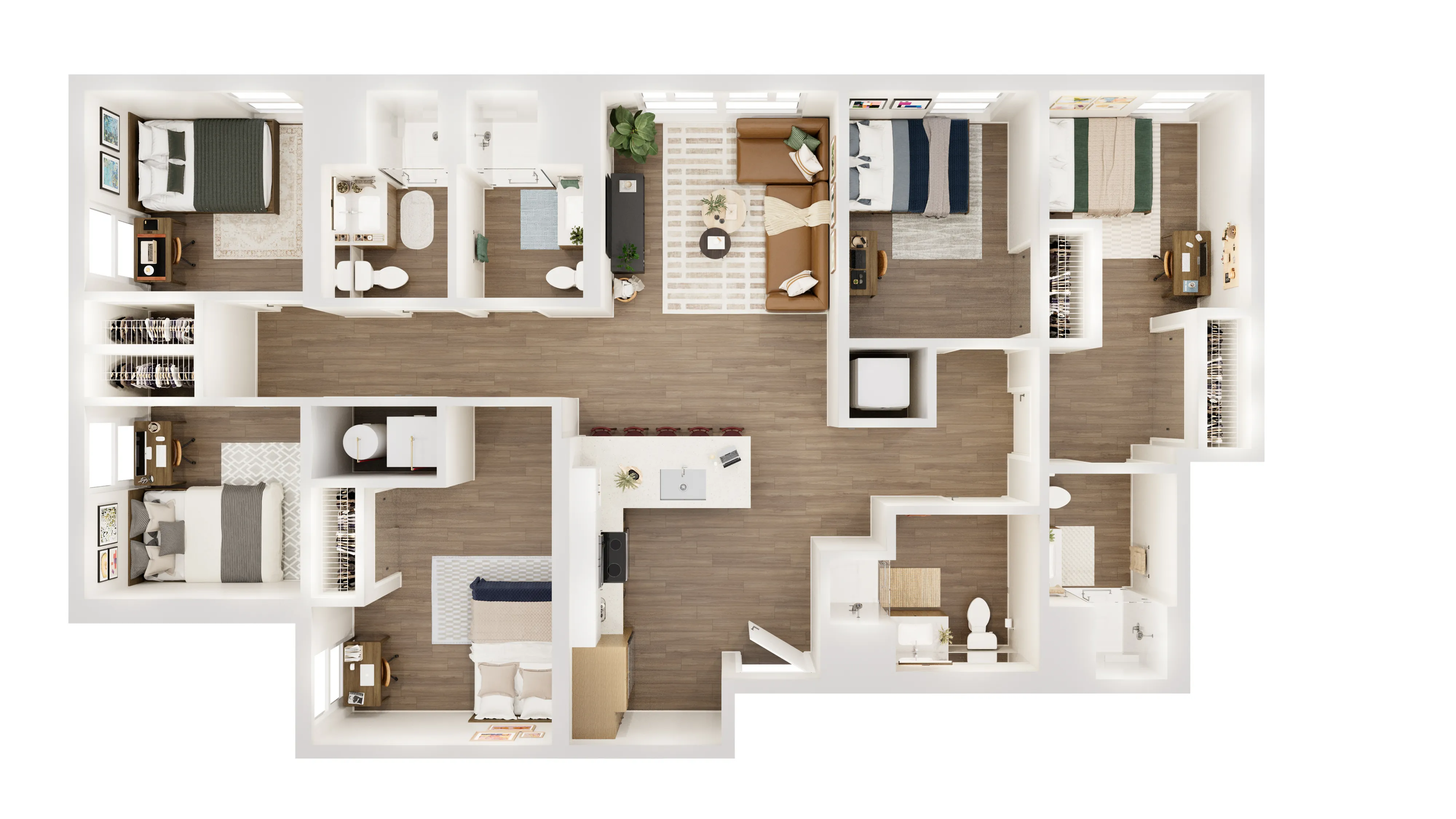 Modern 3D floor plan featuring 5 bedrooms, a cozy living room, and sleek open kitchen design, highlighting hardwood floors and spacious layout.