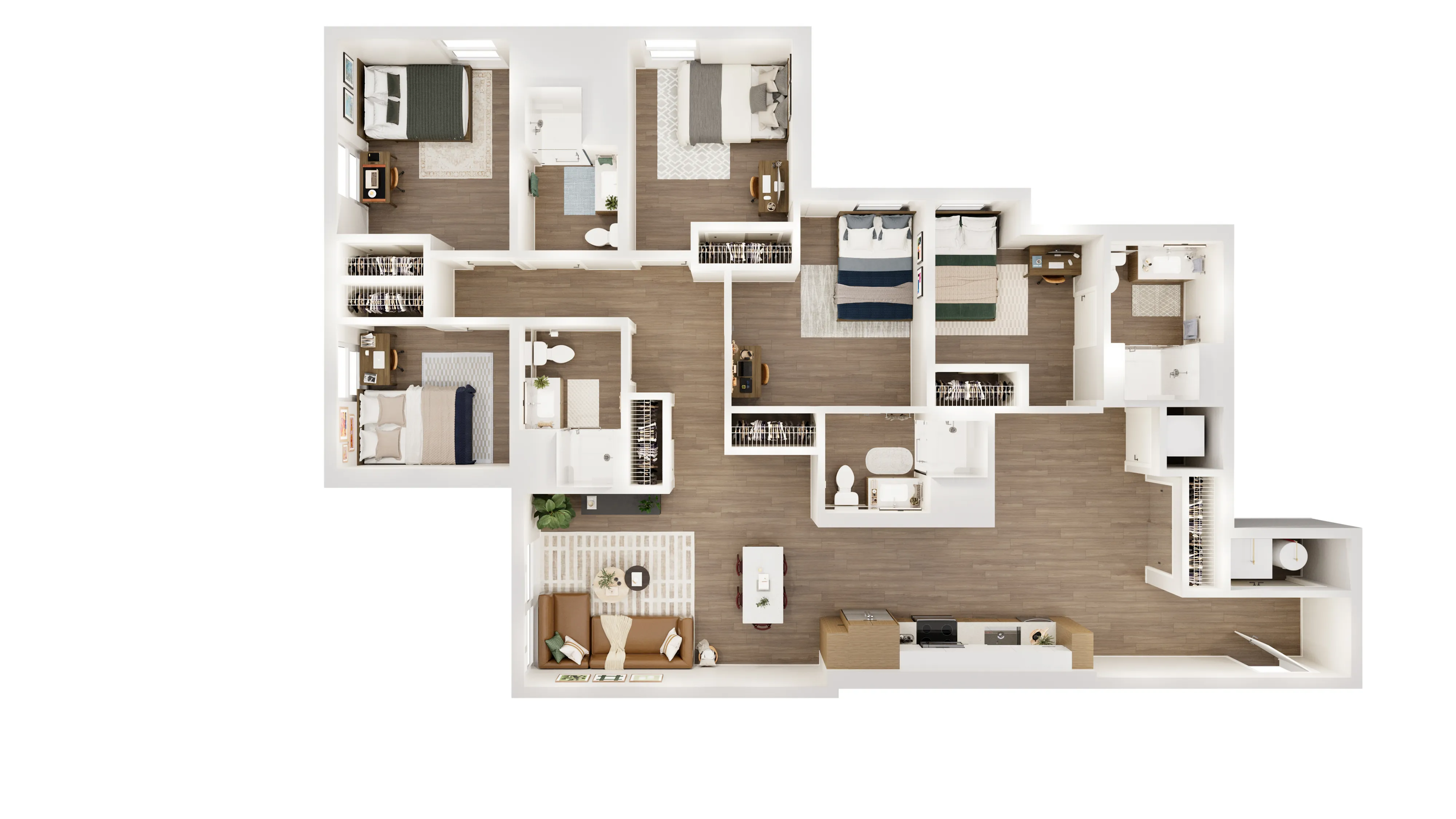 Modern floor plan showcasing 5 bedrooms, 4 bathrooms, an elegant living room, and a sleek kitchen with dining area. Spacious design with ample storage and cozy layout.