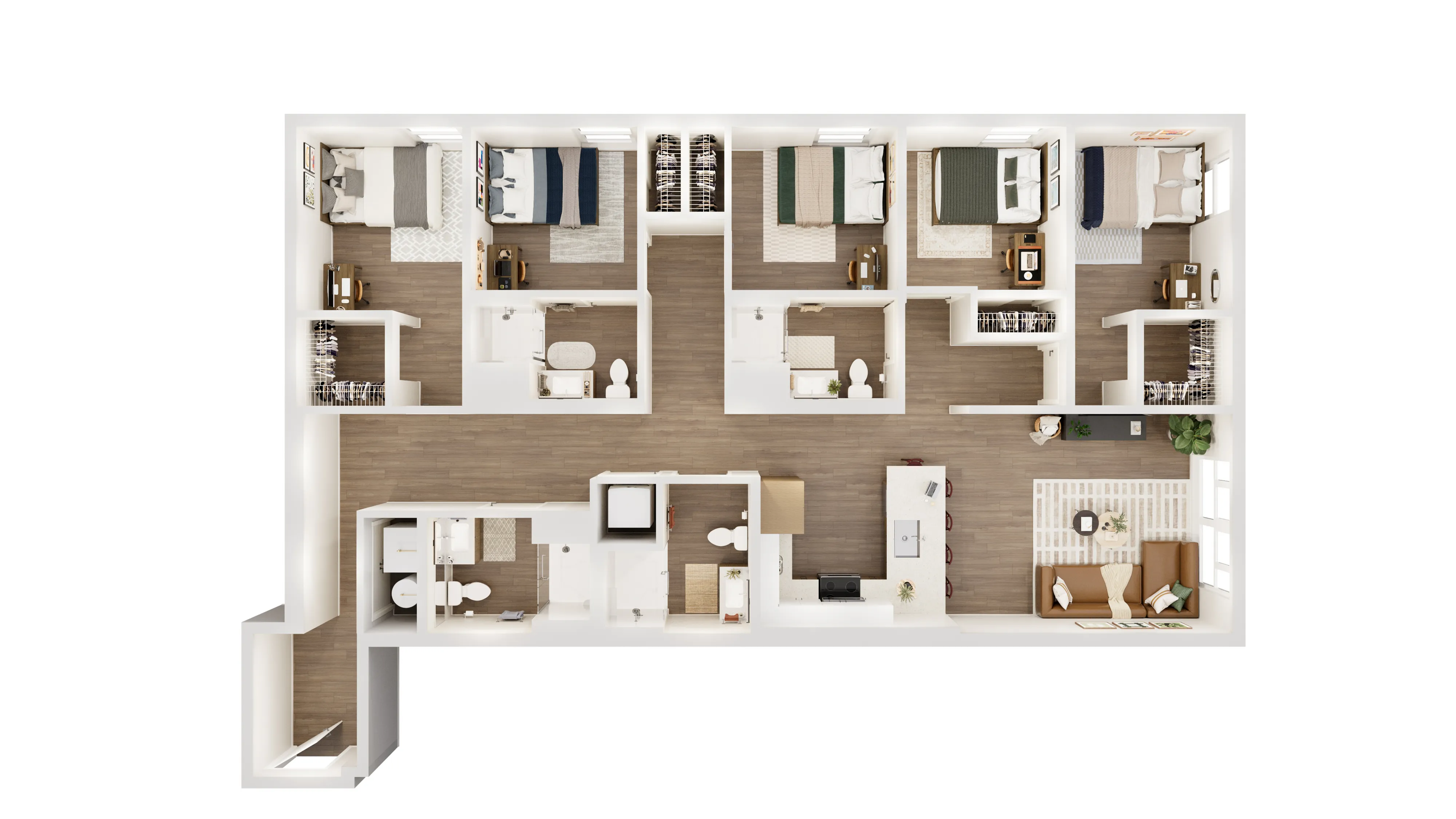 Modern floor plan showcasing five spacious bedrooms, open living area, and sleek kitchen design.