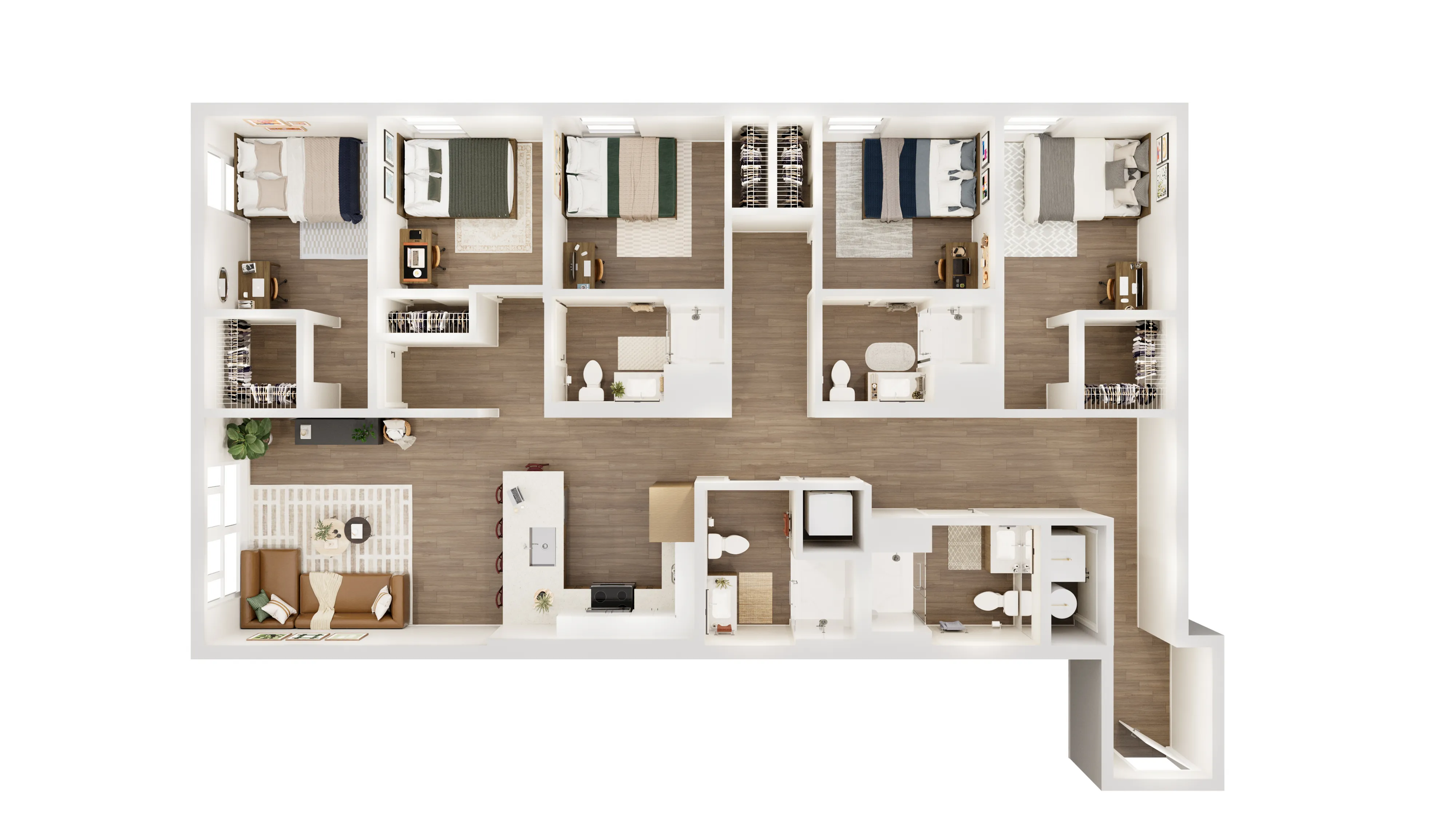 Elegant 3D floor plan showcasing 5 spacious bedrooms, a modern open-concept living area, and a sleek kitchen with bar seating.