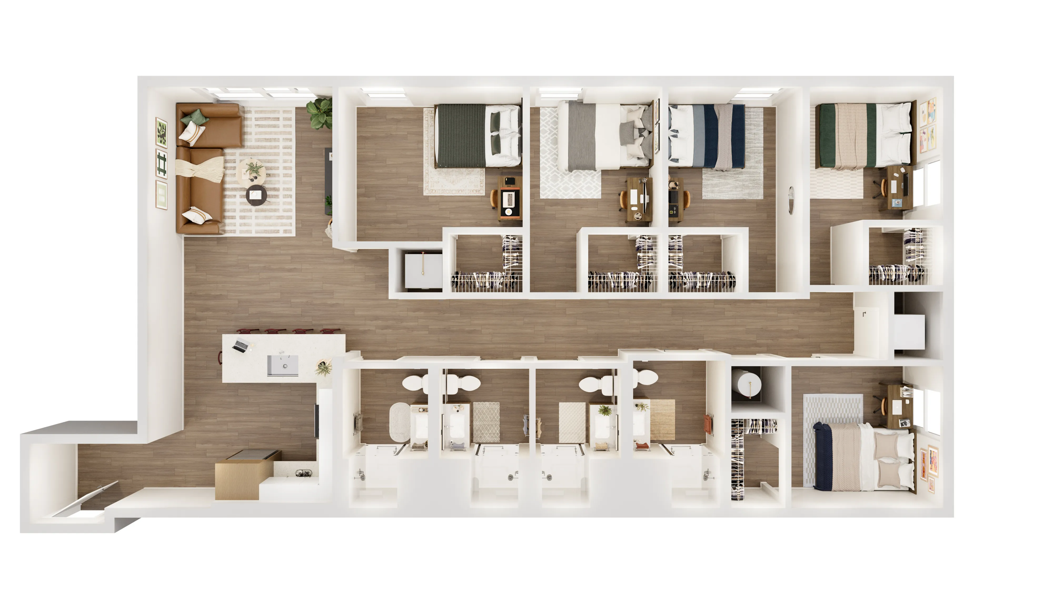 Modern floor plan showcasing 5 bedrooms, a spacious open-concept living area, and a sleek kitchen with an island.