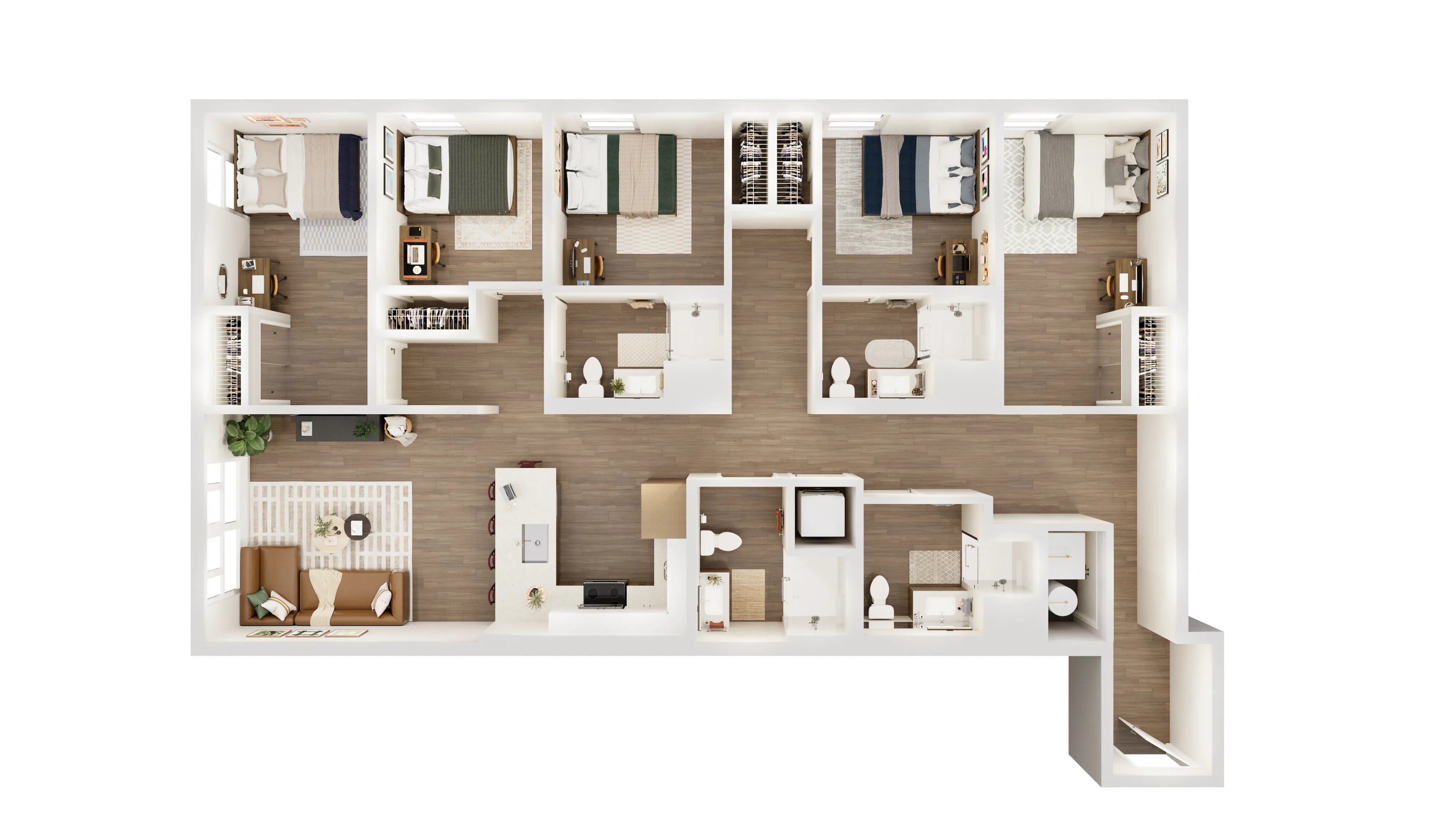 Elegant 3D floor plan showcasing five spacious bedrooms, a cozy open-concept living and dining area, and a modern kitchen with sleek countertops.