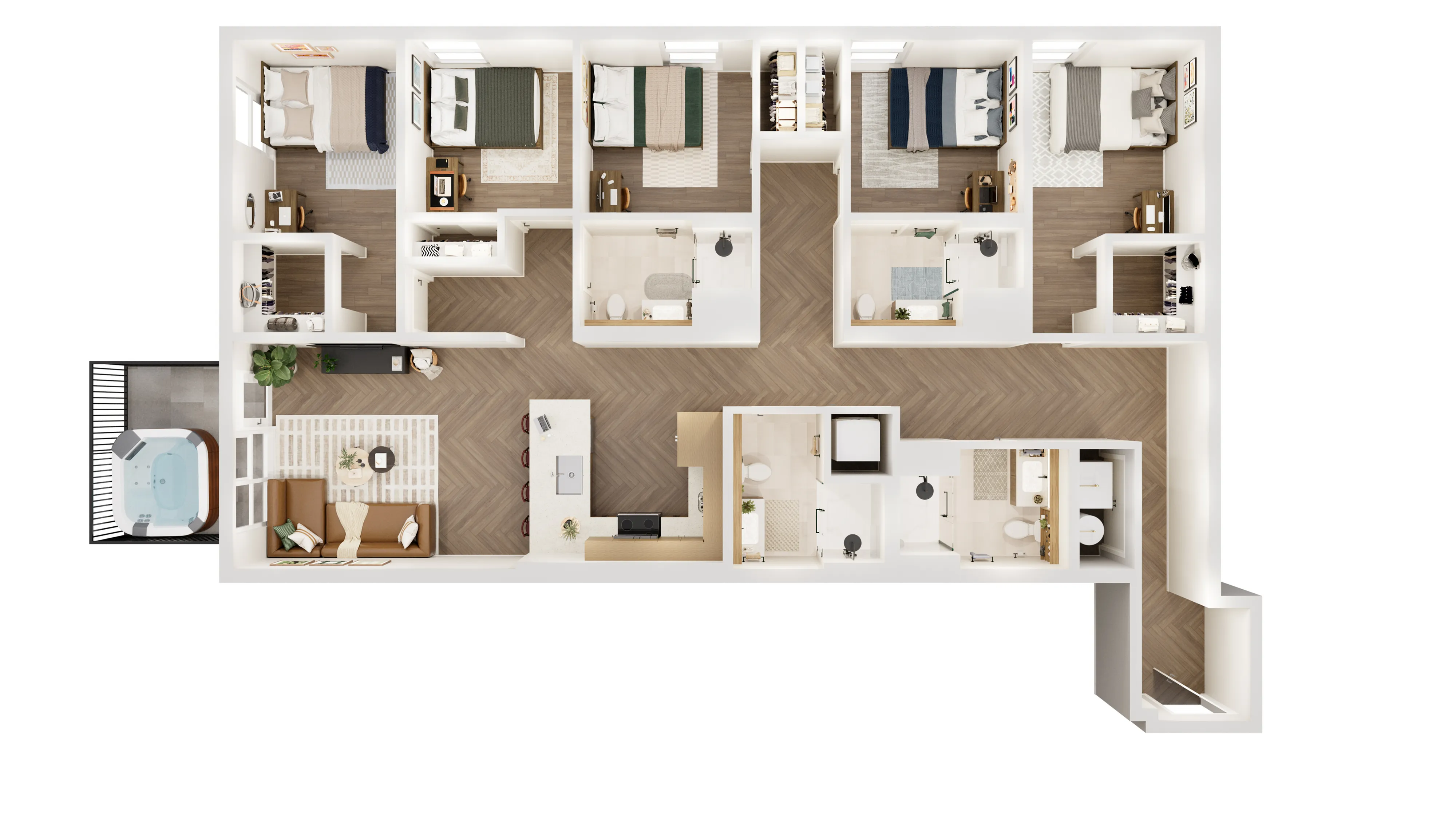 Elegant floor plan showcasing 5 bedrooms, a modern kitchen with an island, spacious living area, 4 bathrooms, and a private balcony with a hot tub.